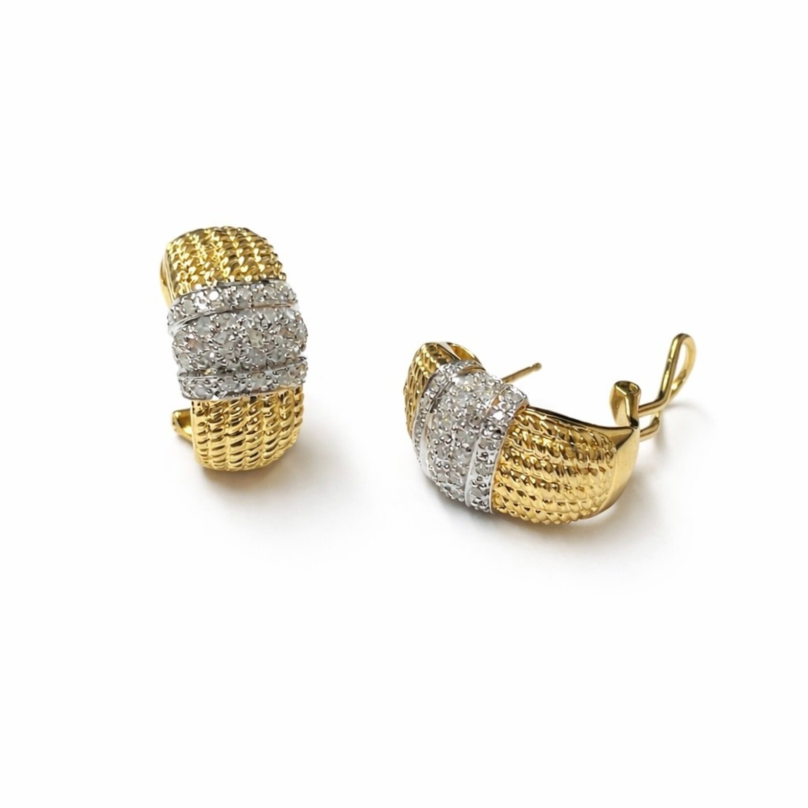 14K Two Tone Gold Diamond Basket Weave Earrings
