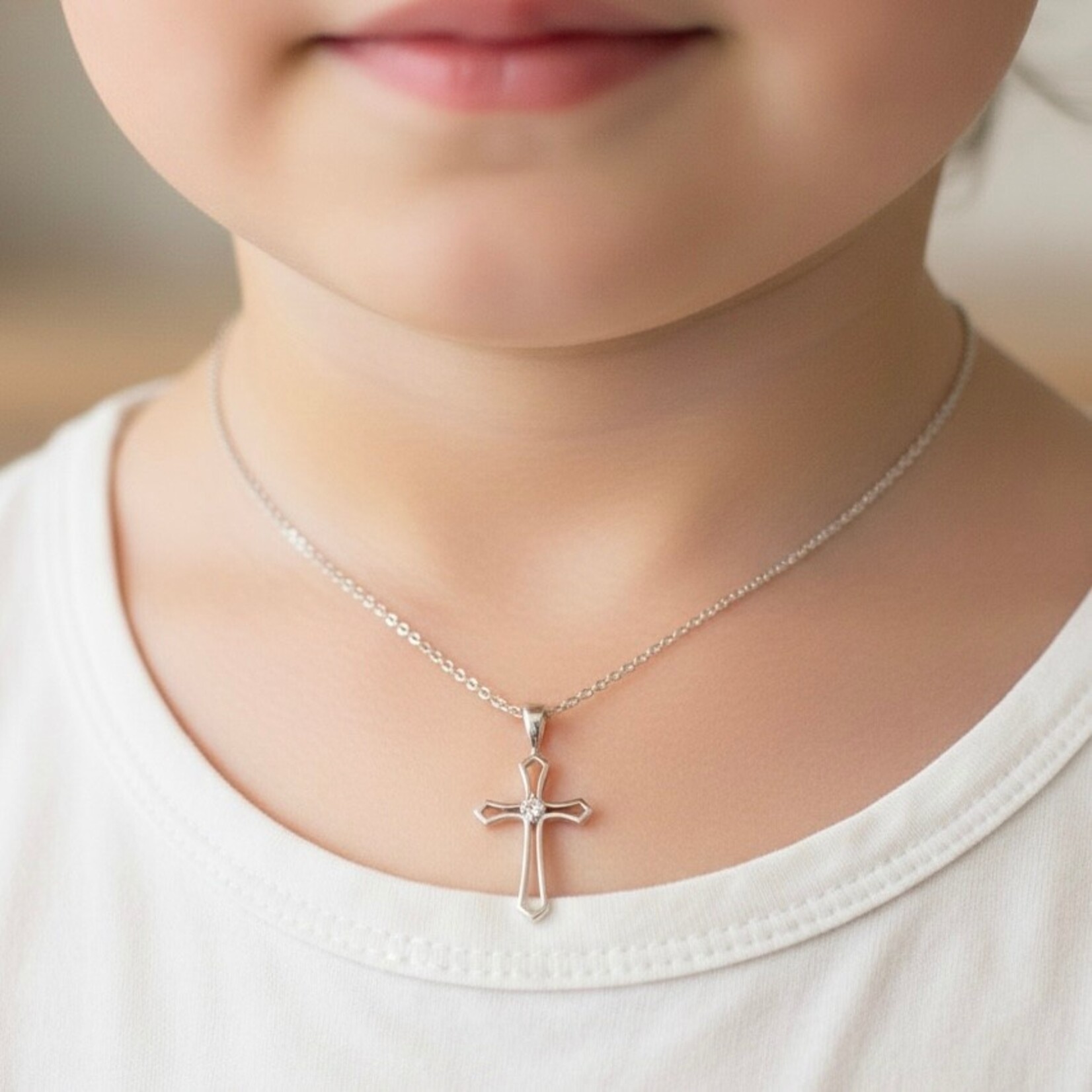 Solid Sterling Silver Open Flair Cubic Zirconia Cross