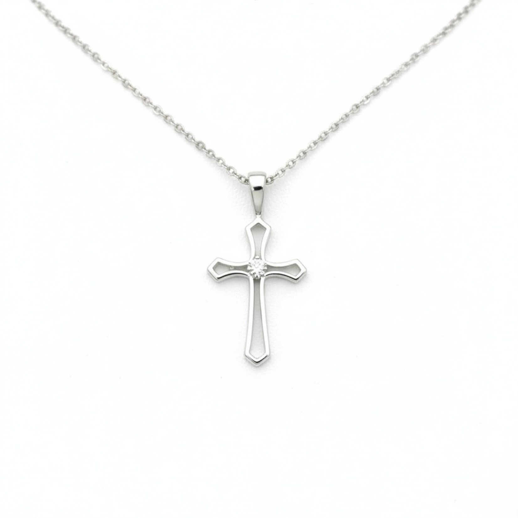 Solid Sterling Silver Open Flair Cubic Zirconia Cross
