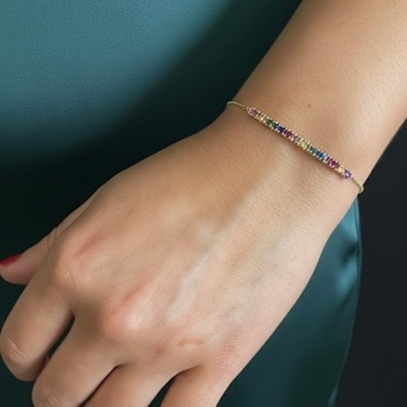 14K Yellow Gold  Multi Colored Sapphire Rainbow Bar Bracelet