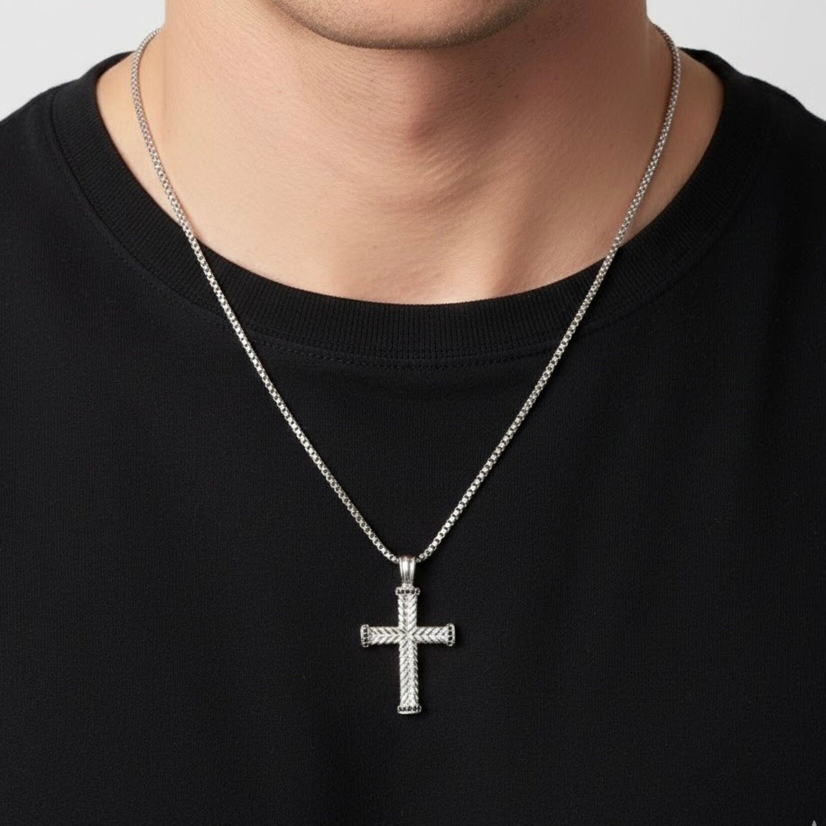 Sterling Silver Cable Link Design Black Spinel Cross
