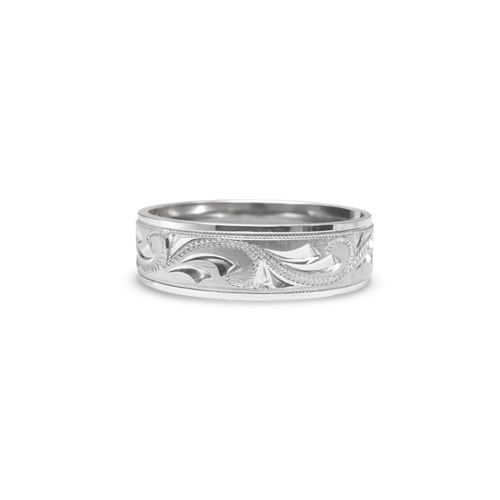 14K White Gold Engraved Scroll Band Sz:10
