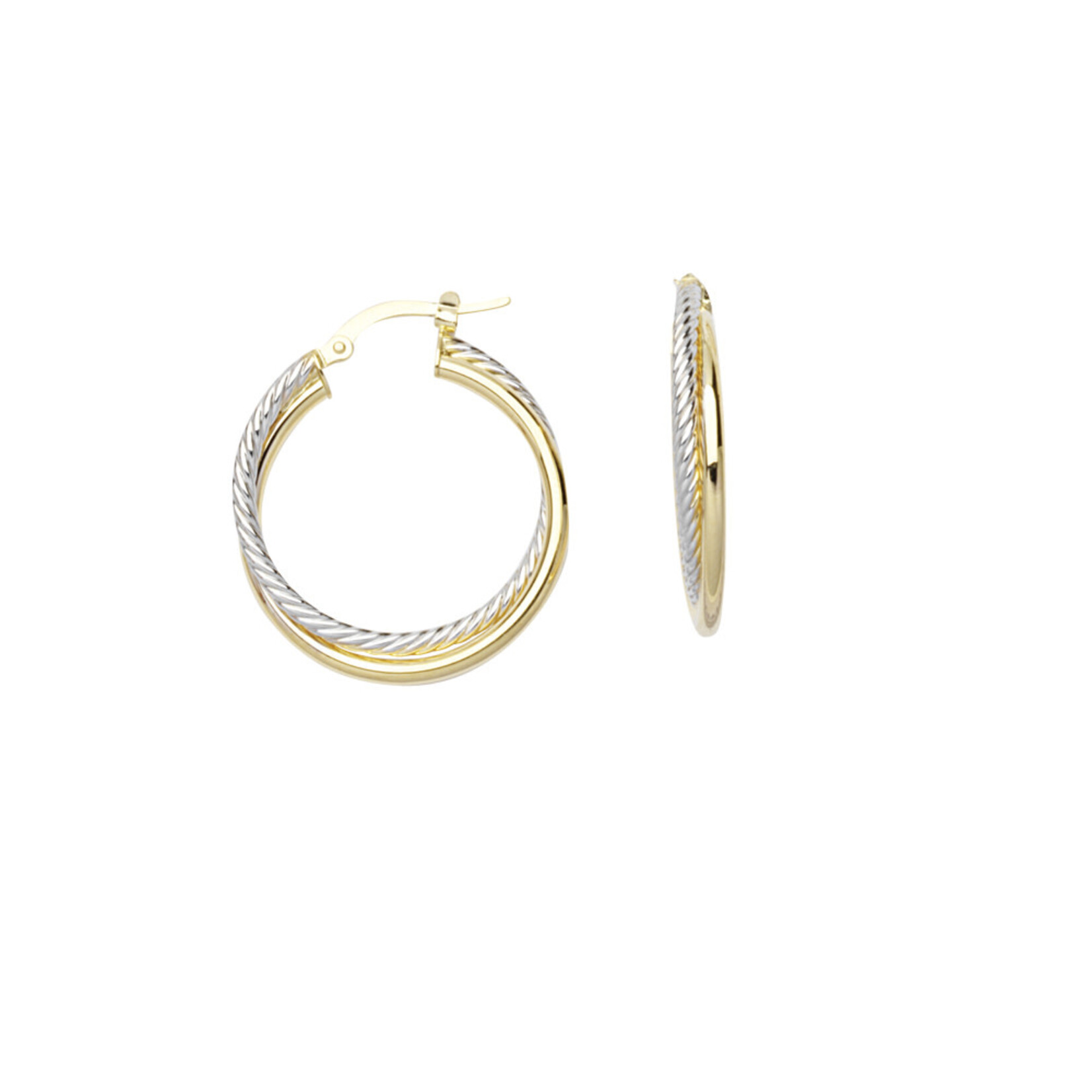 14K Yellow and White Gold Plain and Twist Tube Earrings