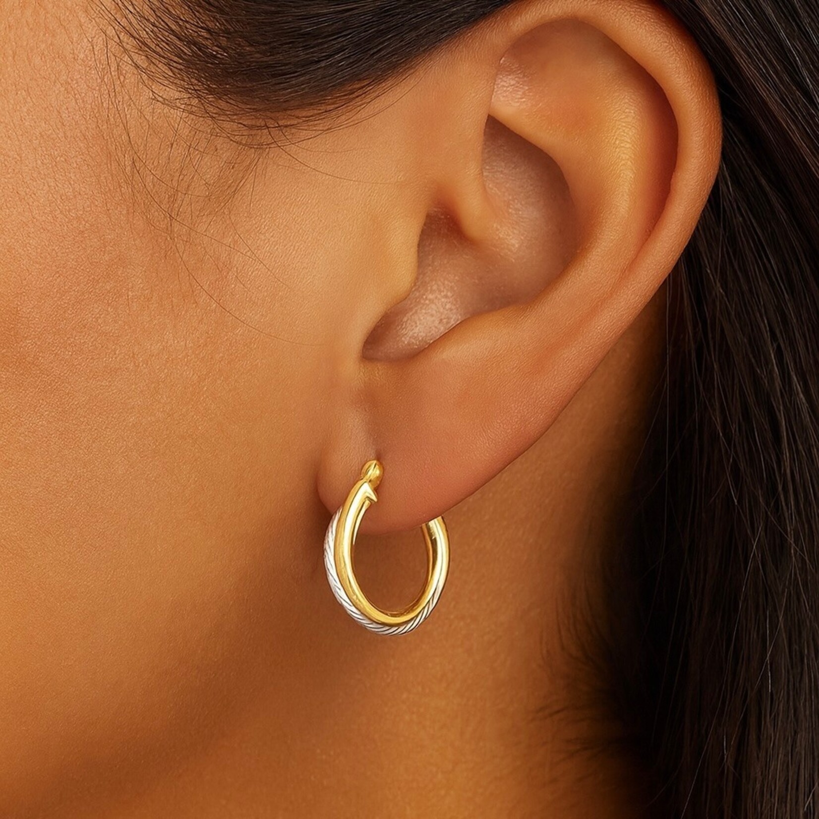 14K Yellow and White Gold Plain and Twist Tube Earrings
