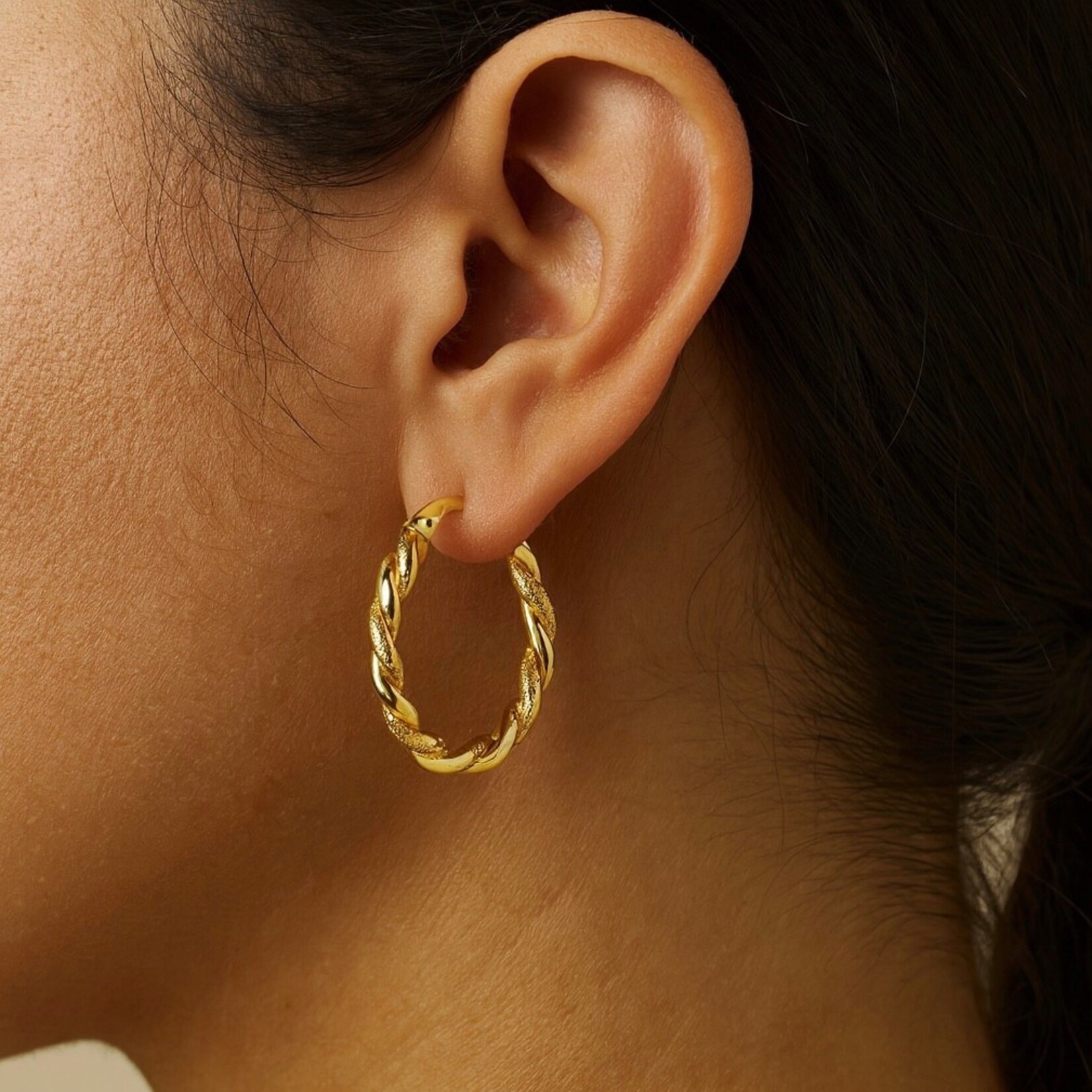 14K Yellow Gold Textured Braided Twist Hoop Earrings