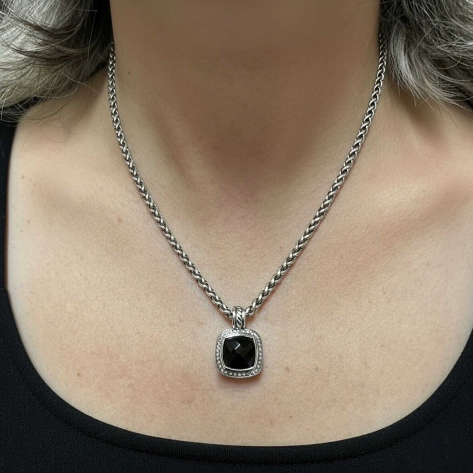 Sterling Silver Onyx & Diamond Albion David Yurman Enhancer Necklace