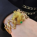 18K Yellow Gold Emerald & Pearl Italian Stallion Head Flex Bracelet