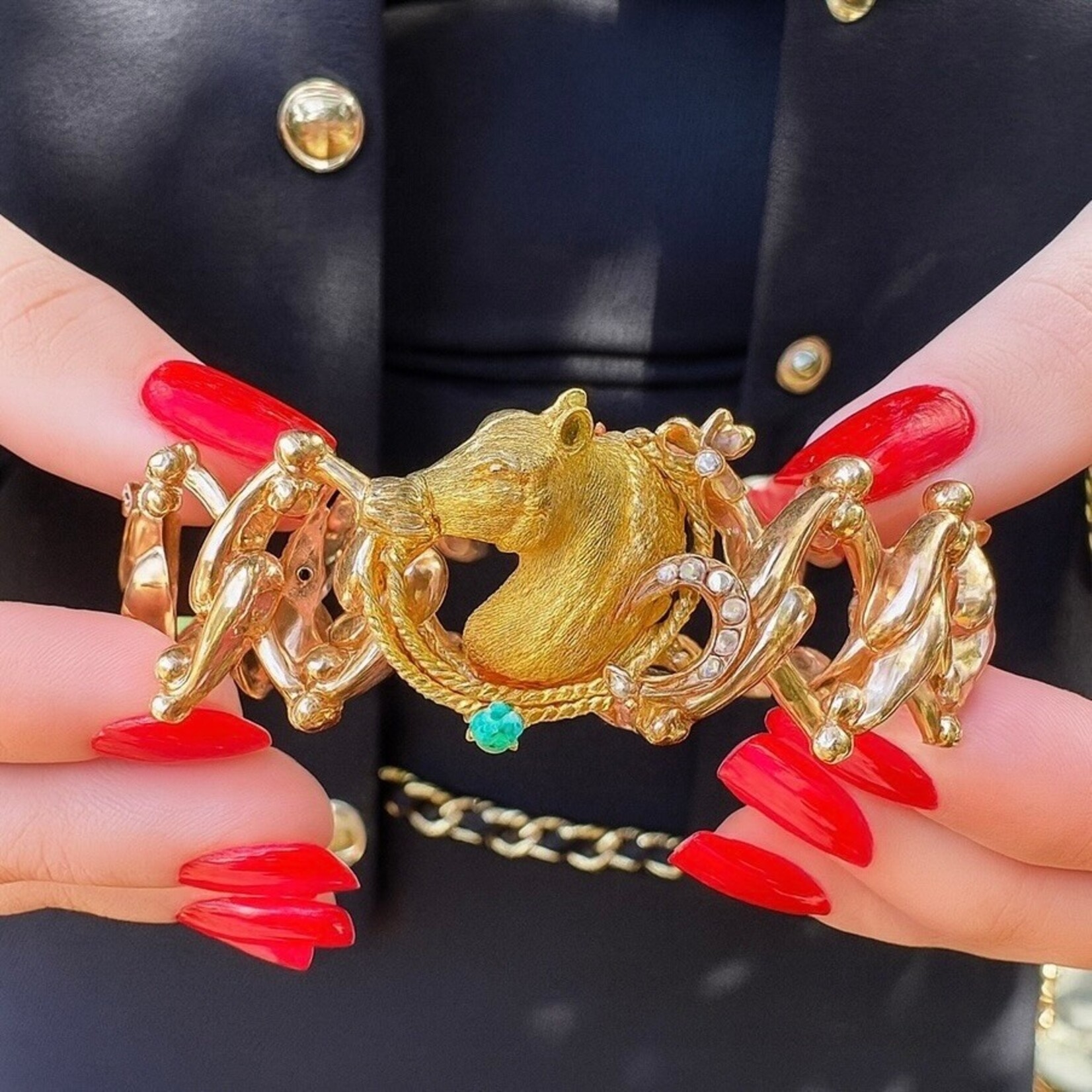 18K Yellow Gold Emerald & Pearl Italian Stallion Head Flex Bracelet