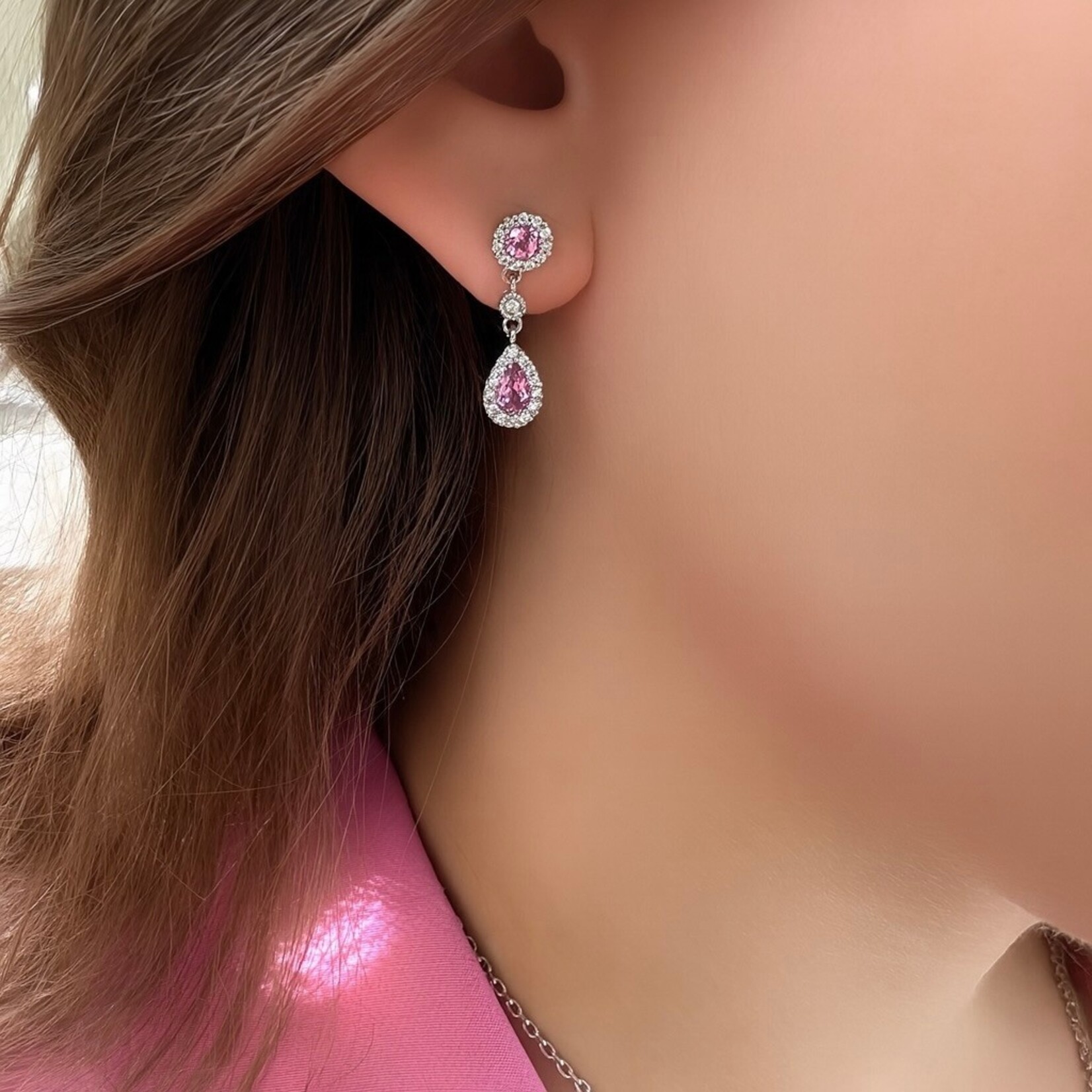 14K White Gold Pink Sapphires and Diamond Drop Earrings