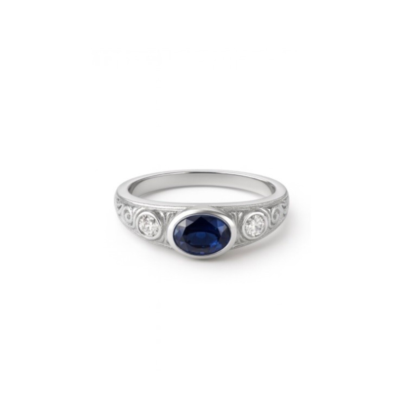 14K White Gold Diffused Sapphire and Diamond Engraved Bezel Ring