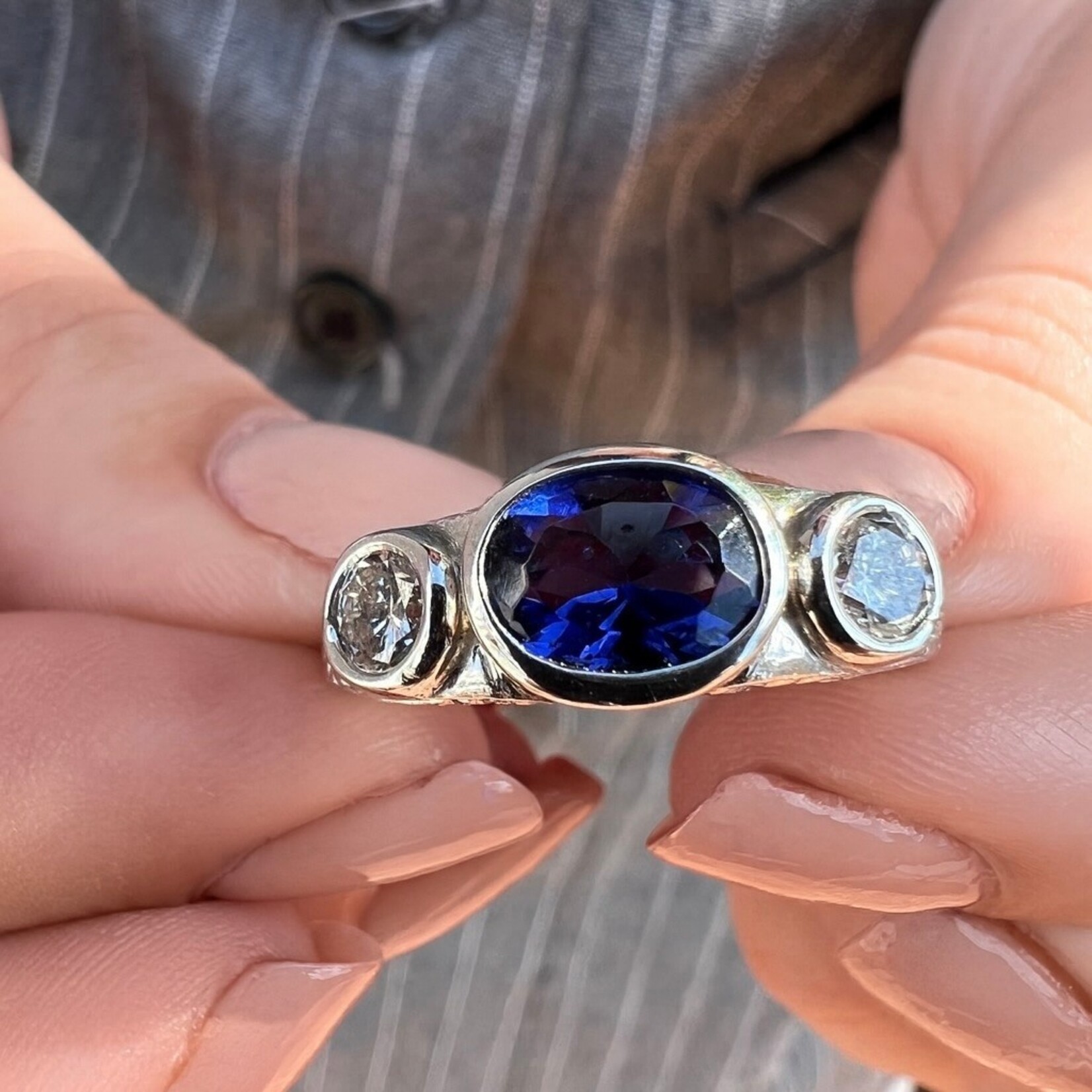 14K White Gold Diffused Sapphire and Diamond Engraved Bezel Ring
