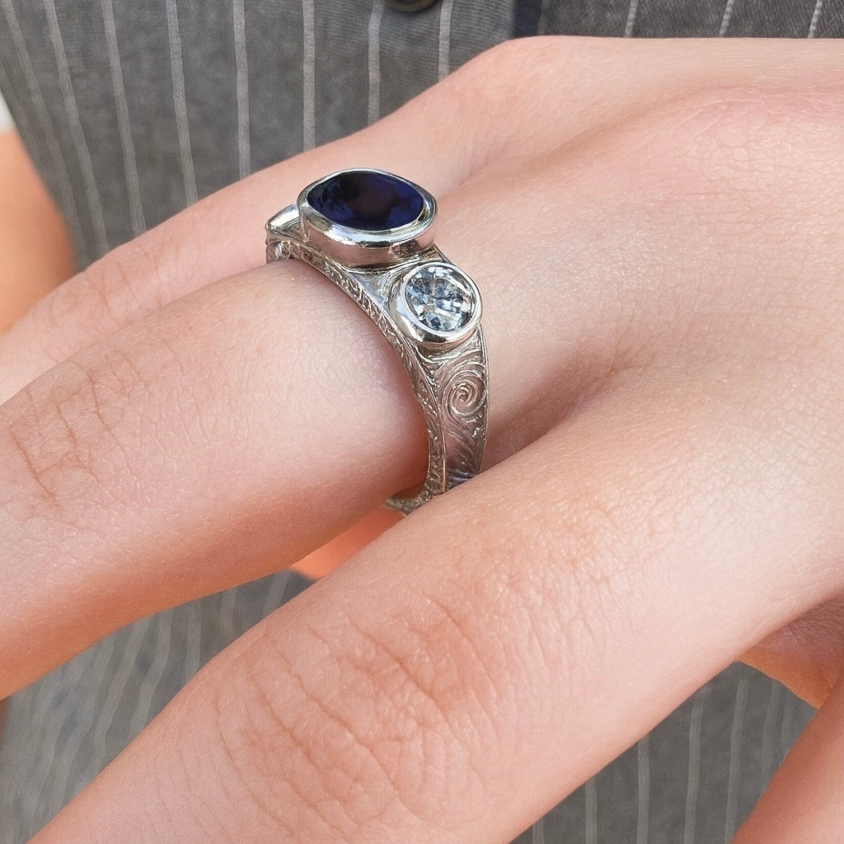 14K White Gold Diffused Sapphire and Diamond Engraved Bezel Ring