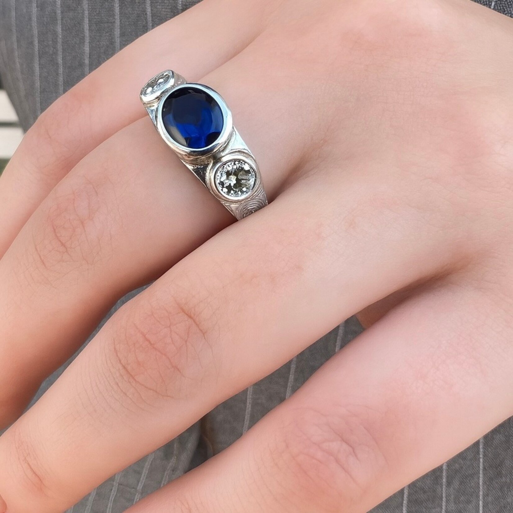 14K White Gold Diffused Sapphire and Diamond Engraved Bezel Ring