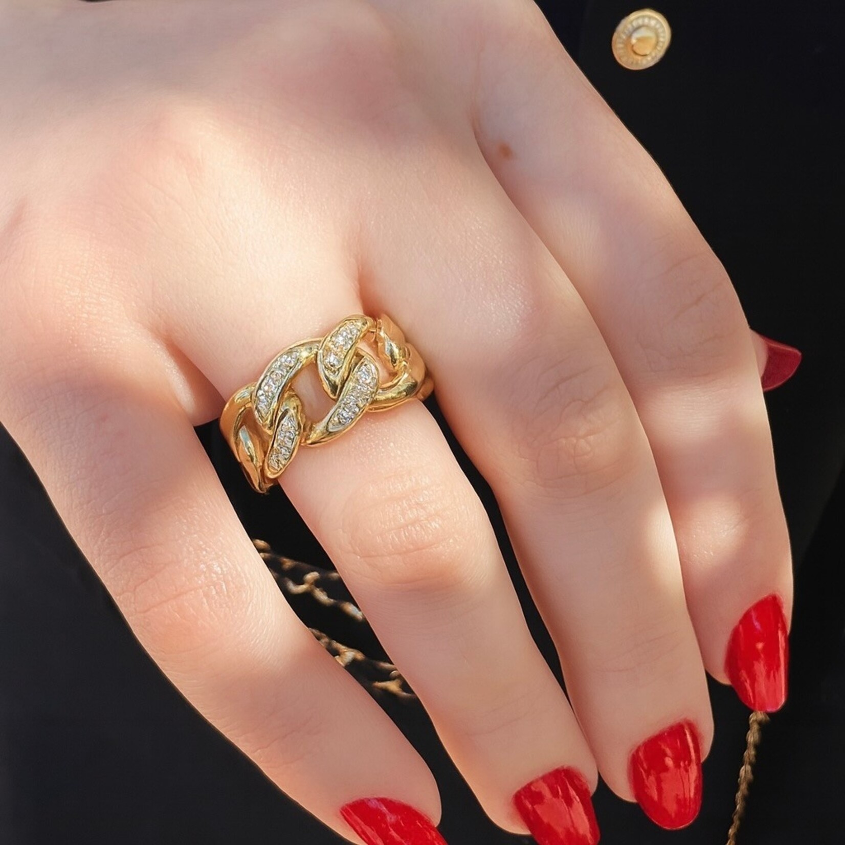 14K Yellow Gold Diamond Curb Link Chain Ring