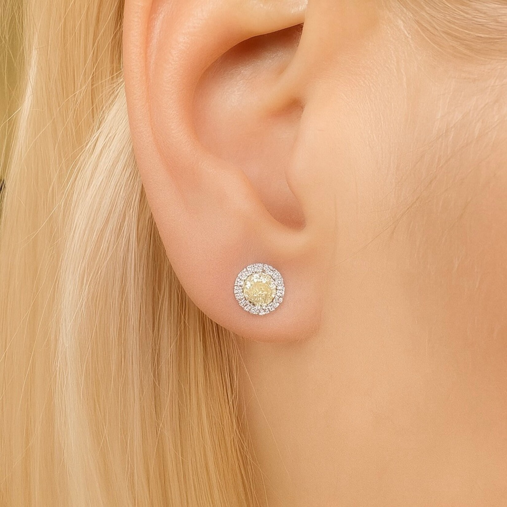 18K Two Tone Gold Fancy Yellow Diamond Halo Stud Earrings