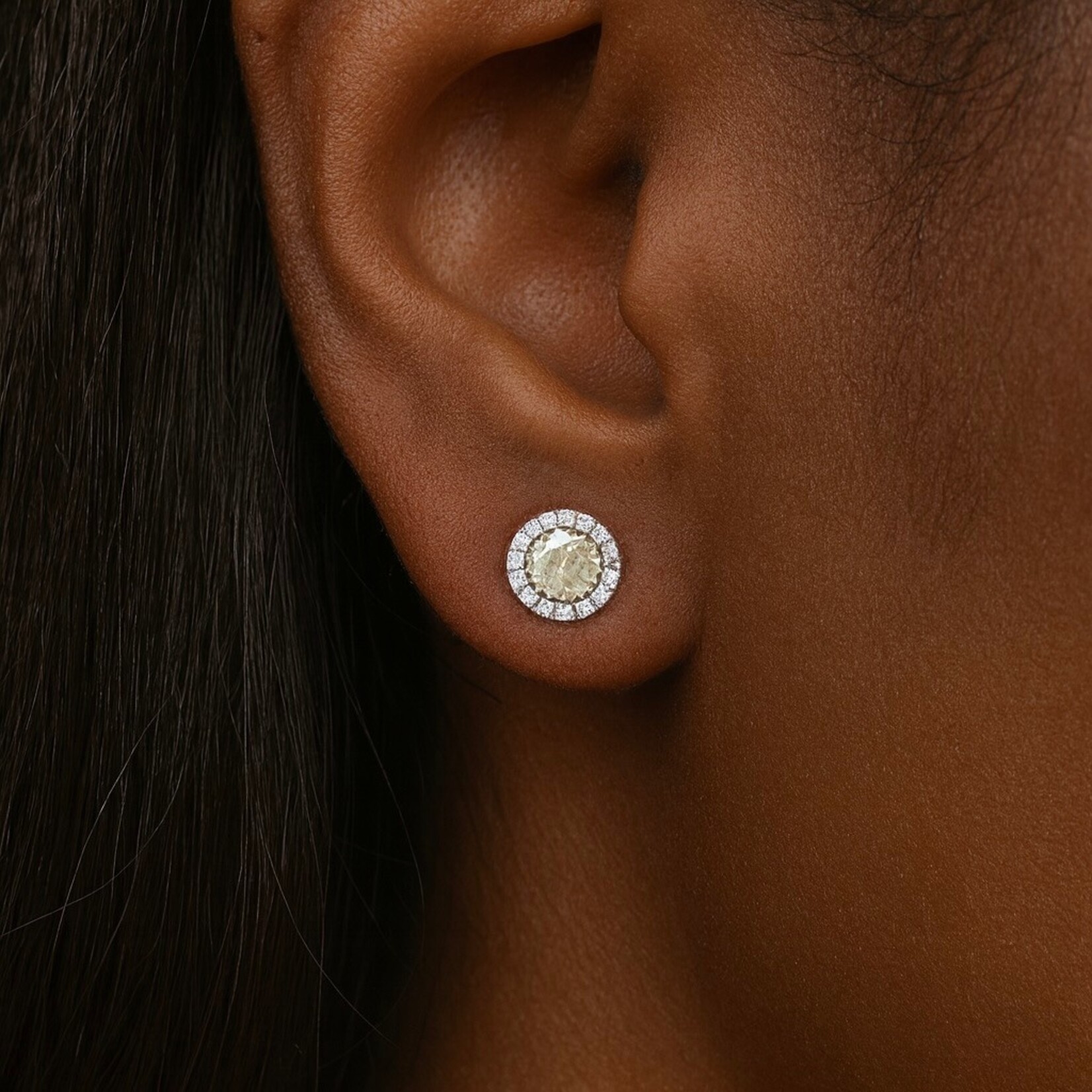 18K Two Tone Gold Fancy Yellow Diamond Halo Stud Earrings