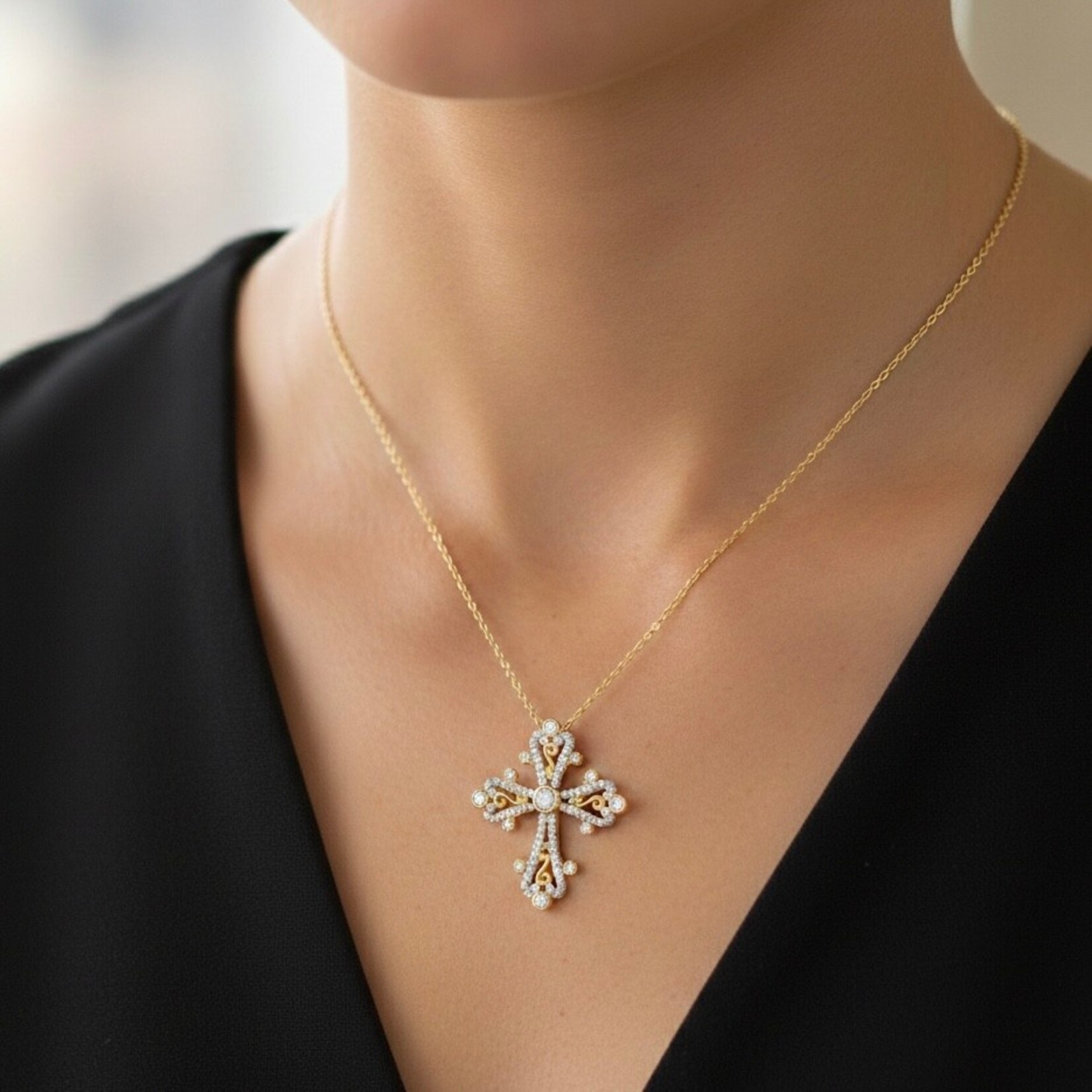 14K Yellow Gold Diamond Byzantine Scroll Cross