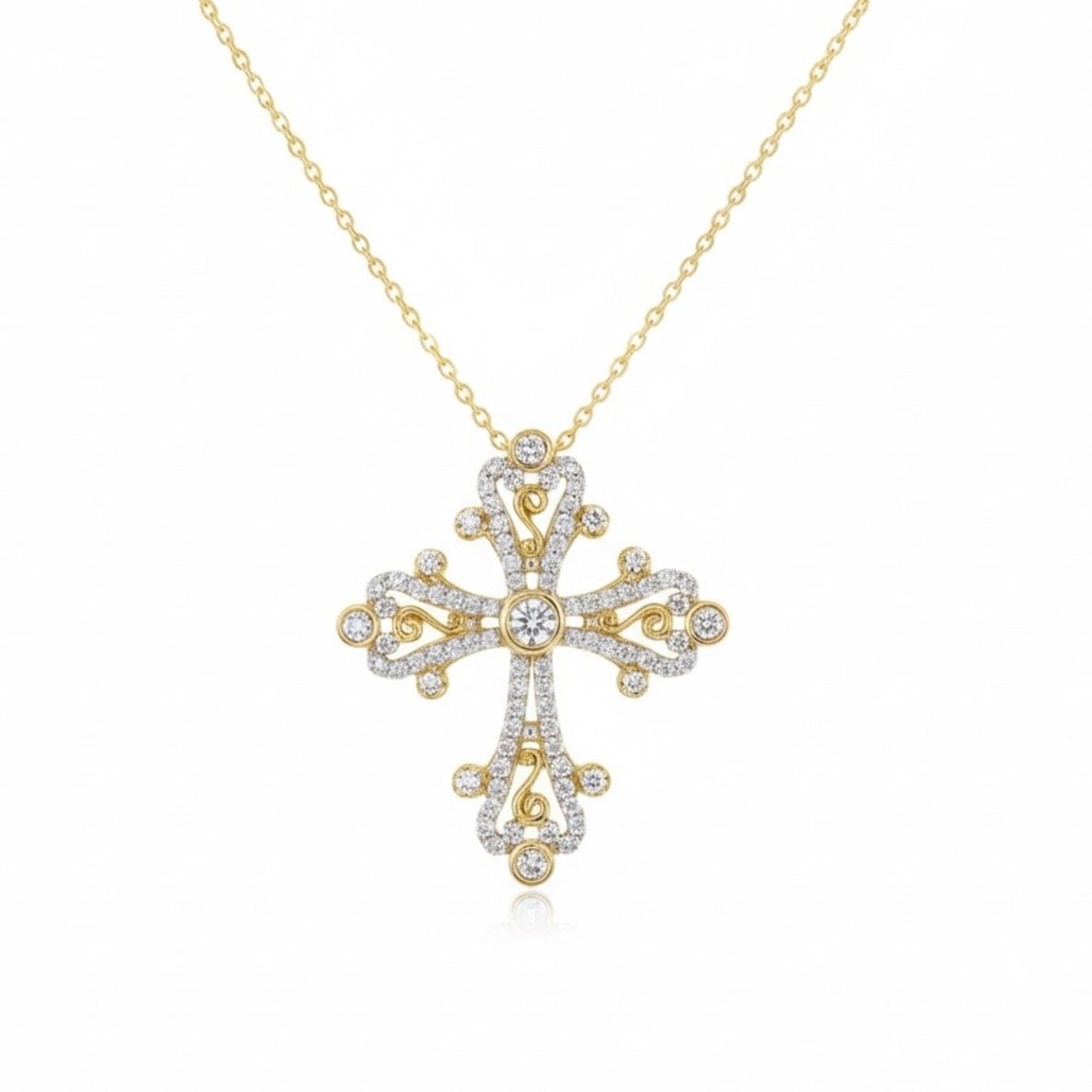 14K Yellow Gold Diamond Byzantine Scroll Cross