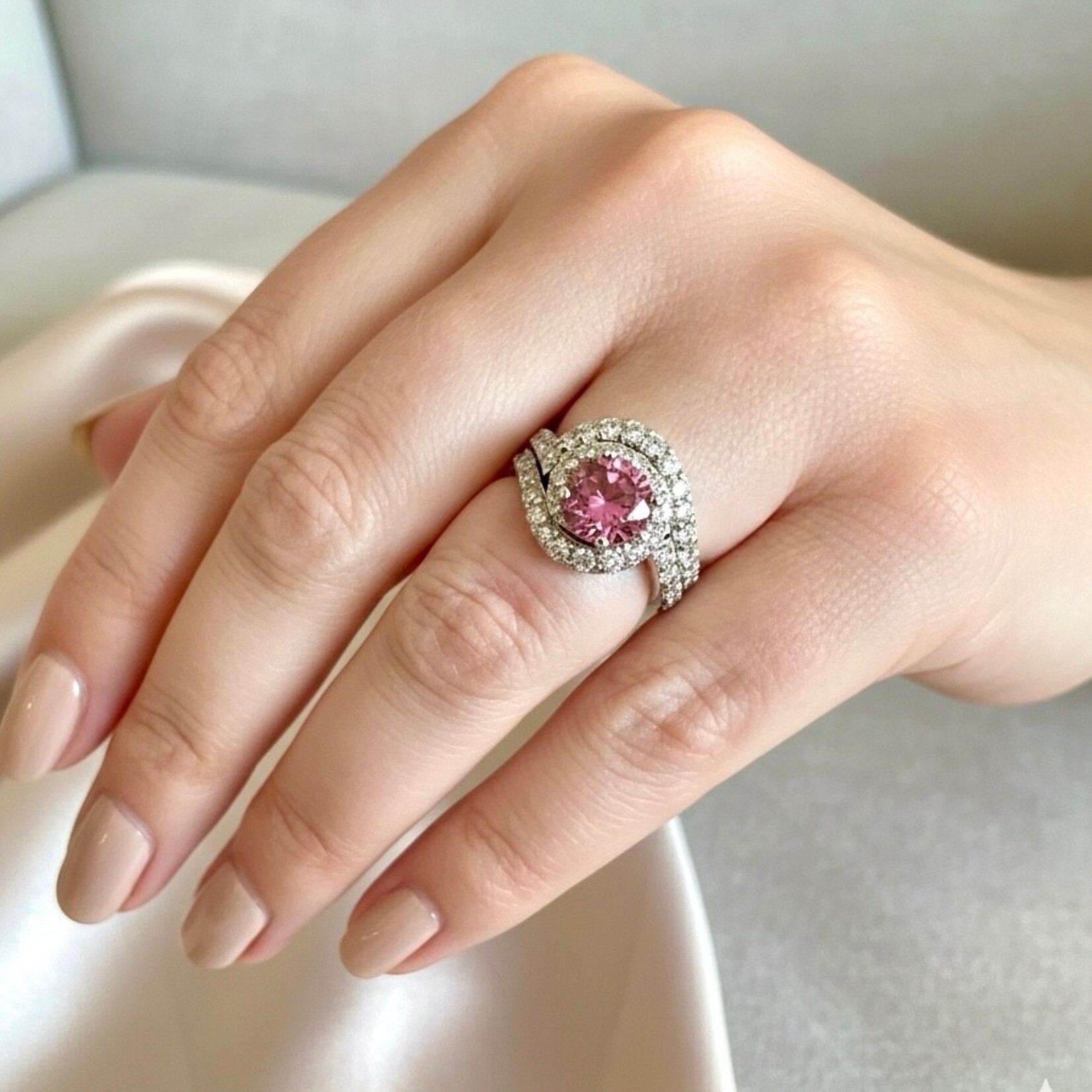 14K White Gold Pink Tourmaline Diamond Halo Ring & Band Set