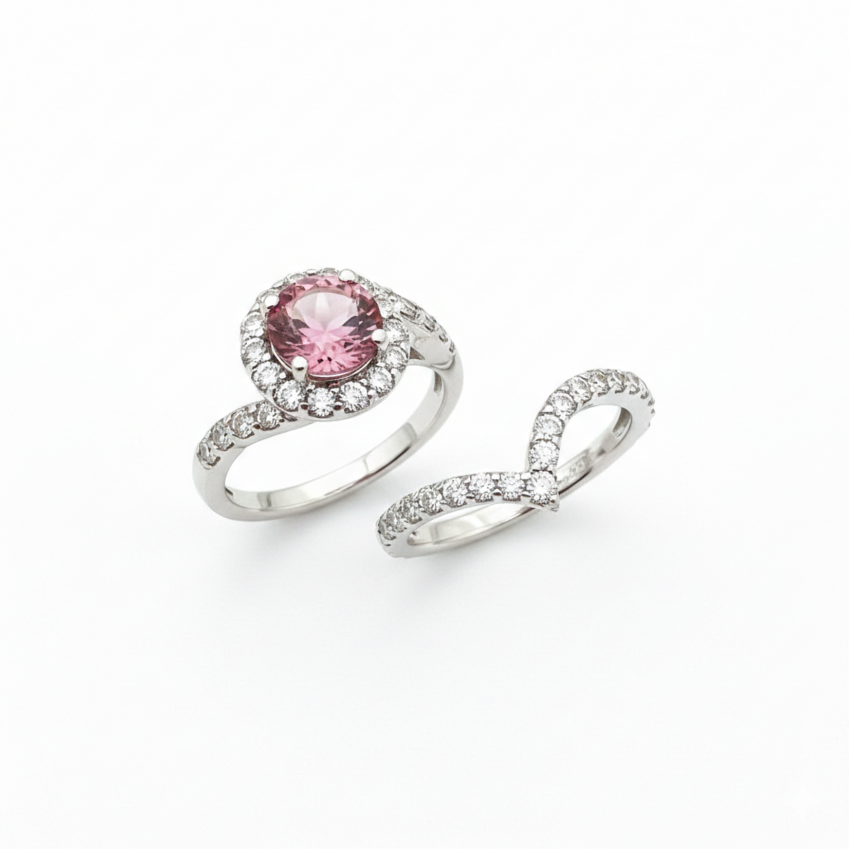 14K White Gold Pink Tourmaline Diamond Halo Ring & Band Set