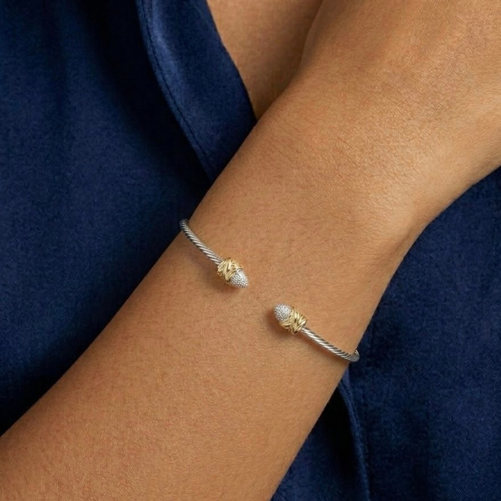 18K Yellow Gold Sterling Silver Diamond Cable Bangle 0.03ctw