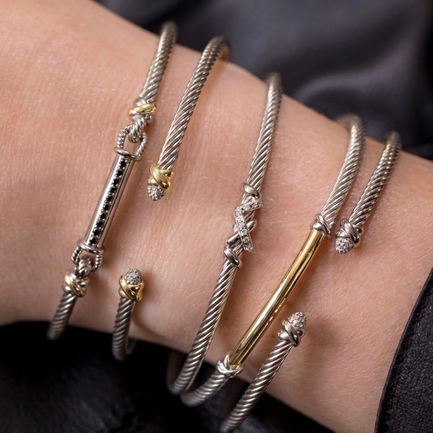 18K Yellow Gold Sterling Silver Diamond Cable Bangle 0.03ctw