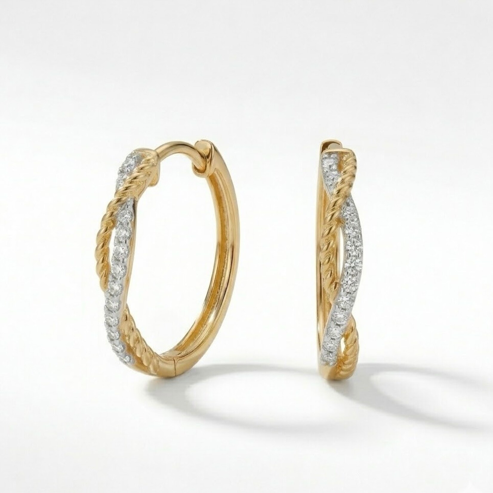 14K Yellow Gold Diamond Twisted Cable Link Hoop Earrings