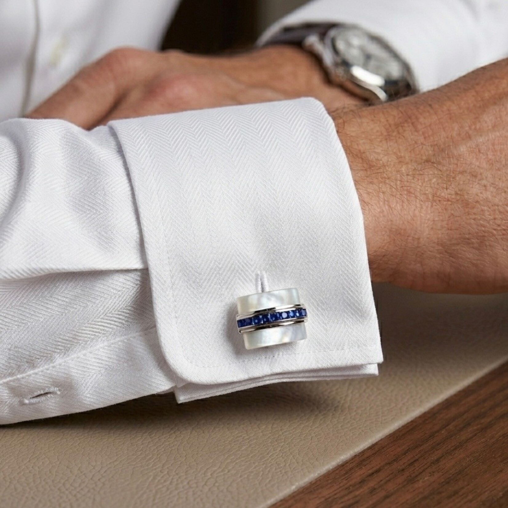 18K White Gold Mother of Pearl & Sapphire Cufflinks