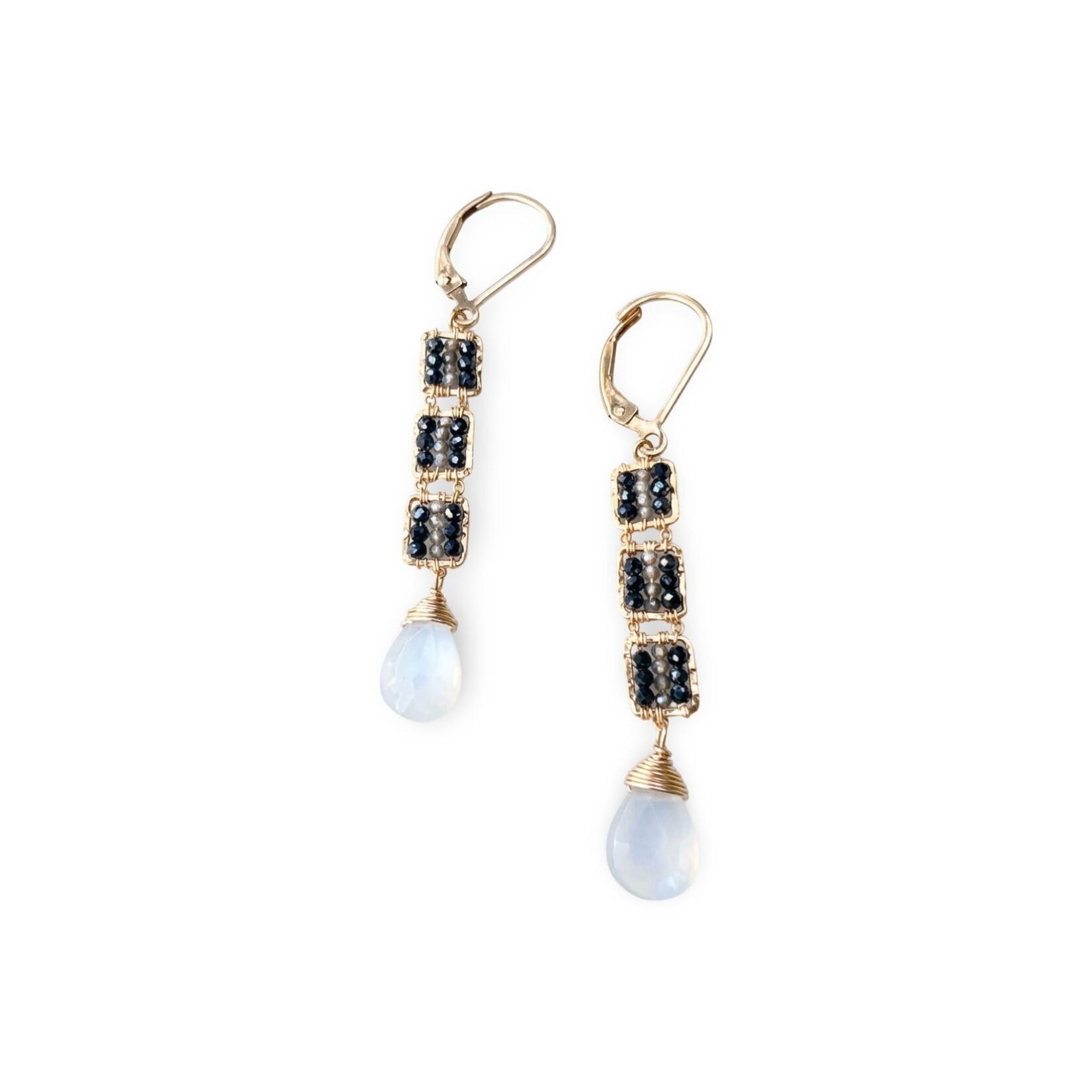Michelle Pressler 14K Yellow Gold Overlay Zebra/ White Moonstone  (Grey Natural Zircon, Black Spinel) Earrings