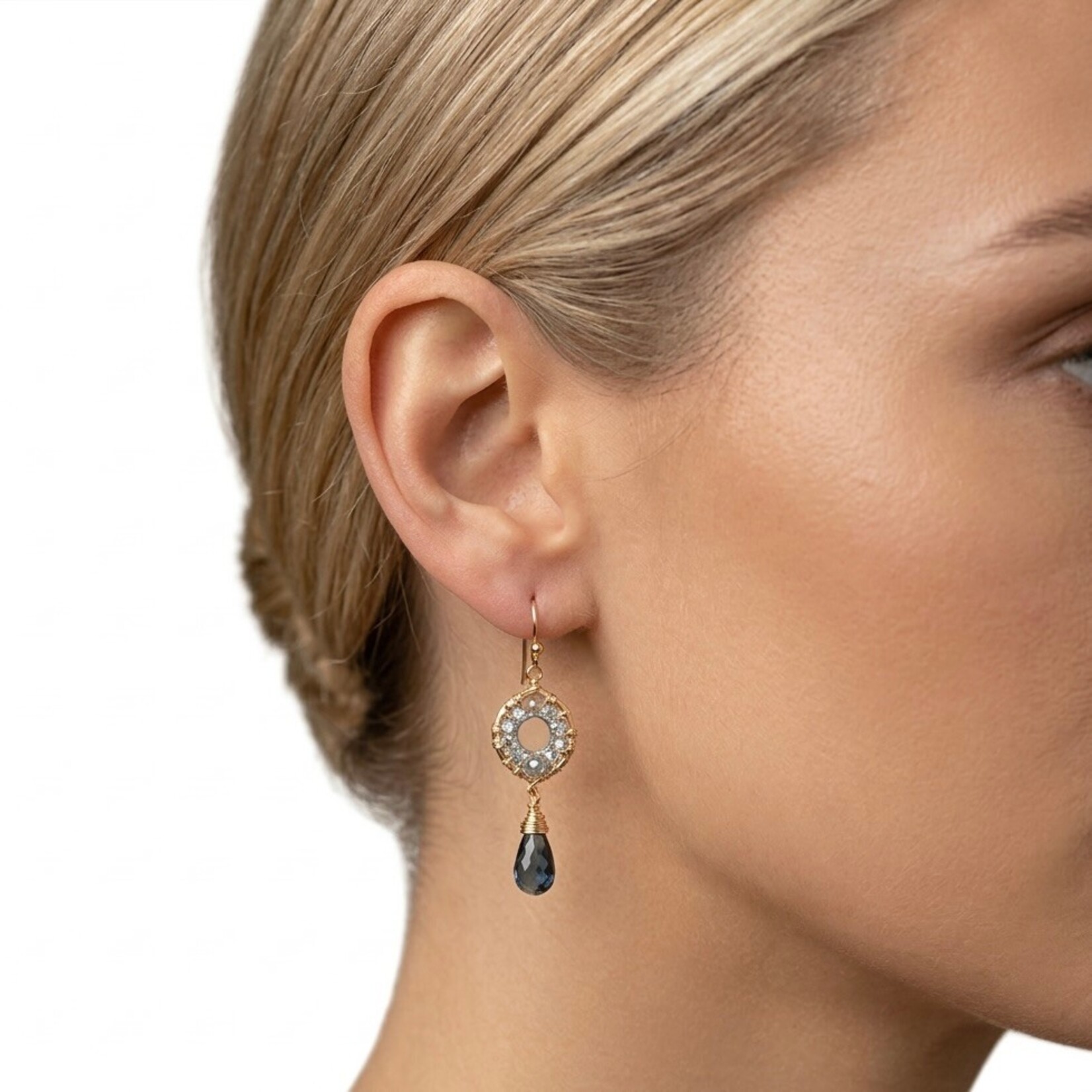 Michelle Pressler 14K Yellow Gold Overlay Natural Blue Zircon/London Topaz Earrings