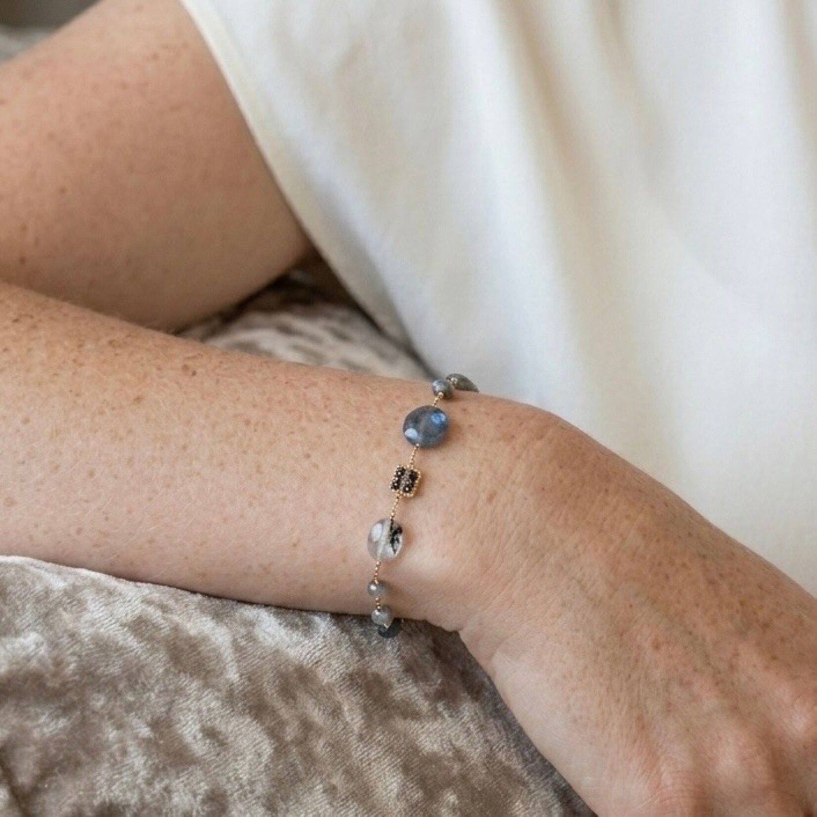 Michelle Pressler 14K Yellow Gold Overlay Black Spinel, Labradorite, Coated Lab, Moss Aquamarine, Black Tourmalinated Quartz, Grey Zircon Bracelet