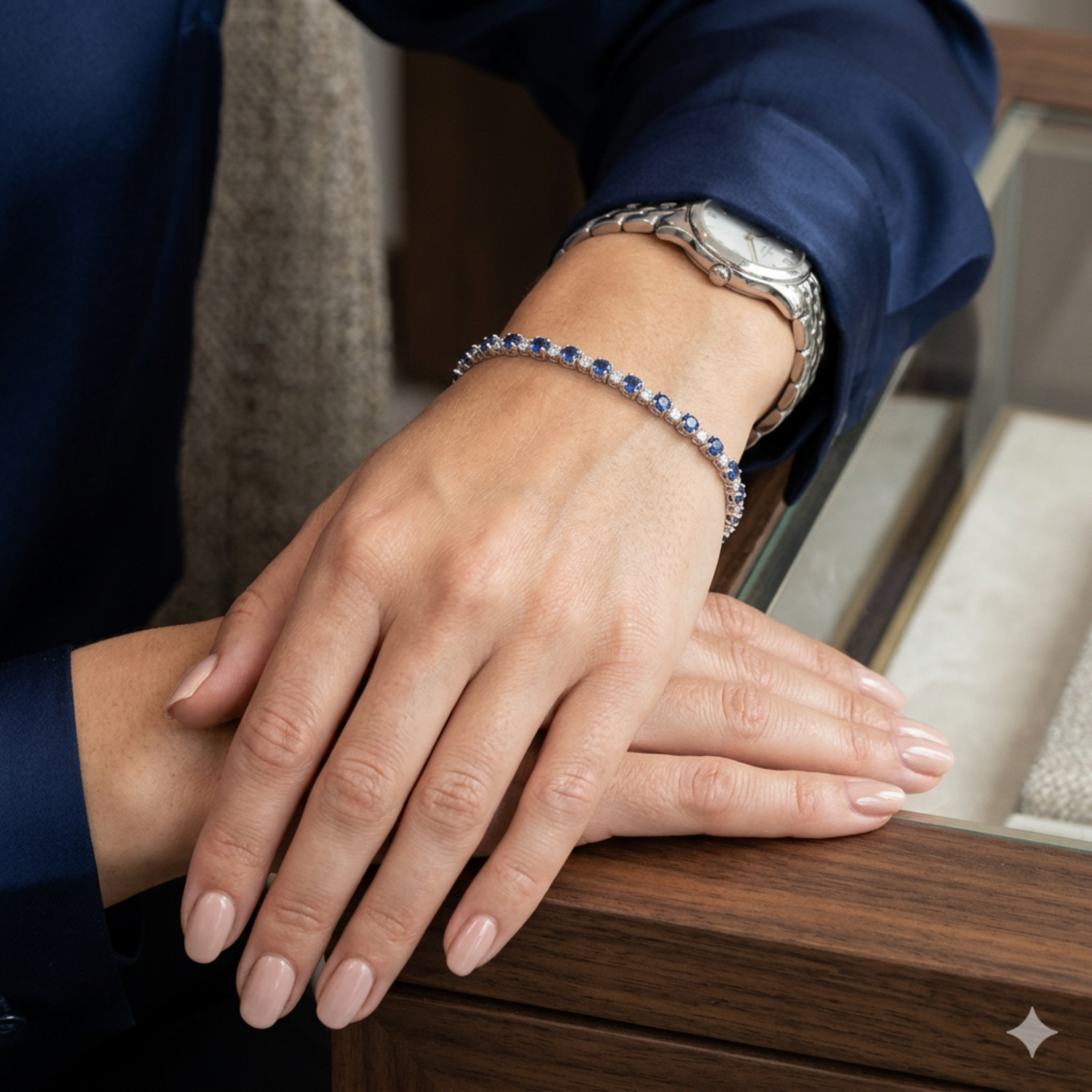 14K White Gold Sapphire & Diamond Tennis Bracelet