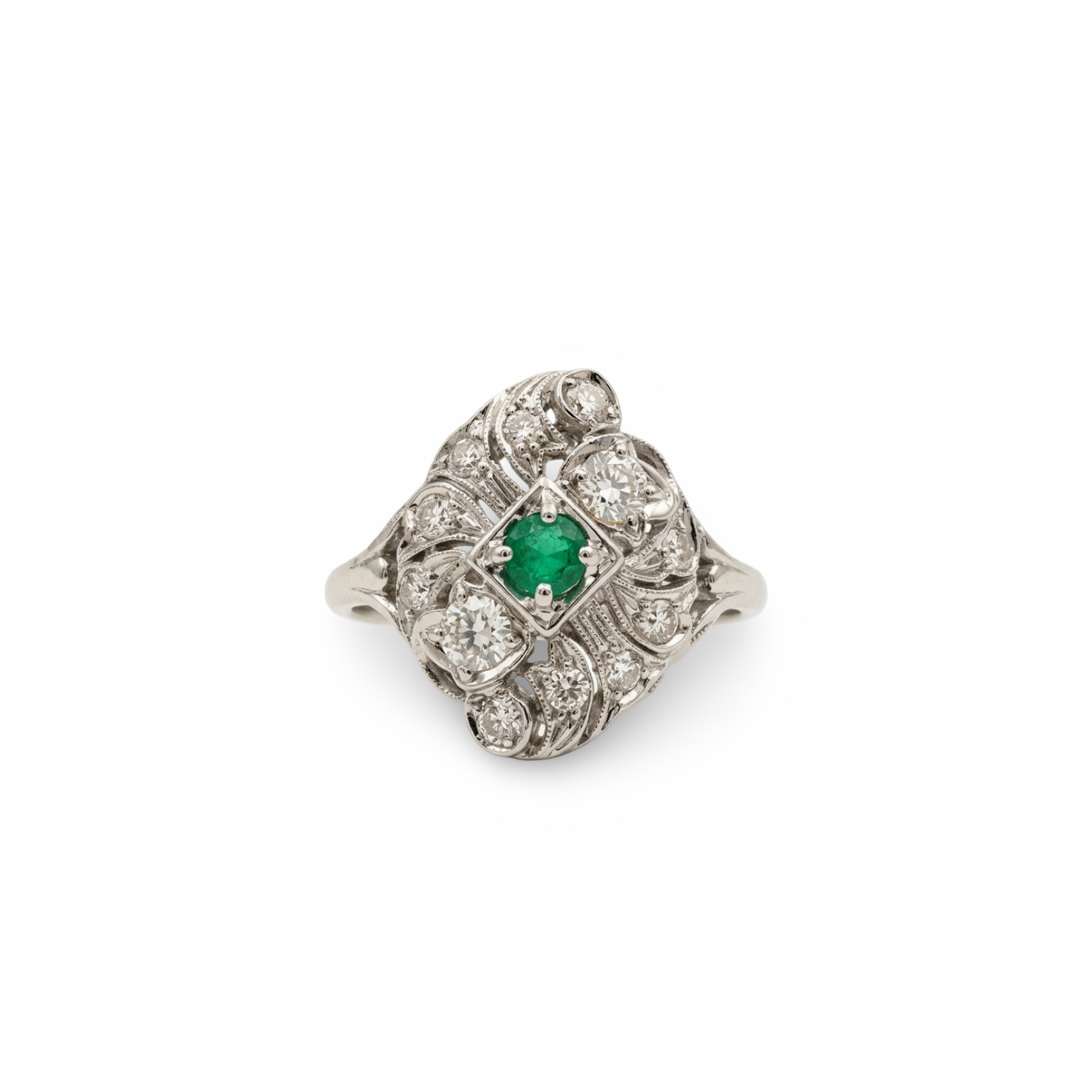 14K White Gold Emerald & Diamond Art Deco Ring
