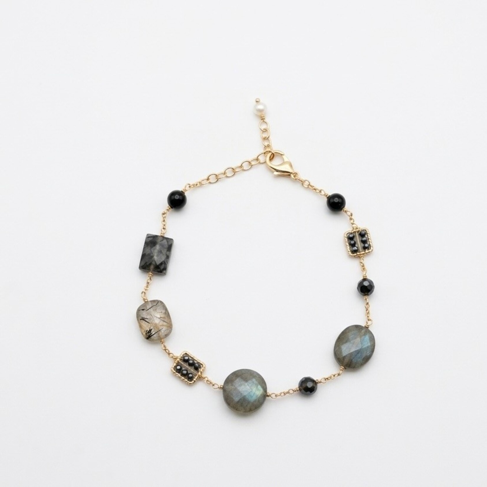 Michelle Pressler 14K Yellow Gold Overlay Black Spinel, Labradorite, Coated Lab, Moss Aquamarine, Black Tourmalinated Quartz, Grey Zircon Bracelet