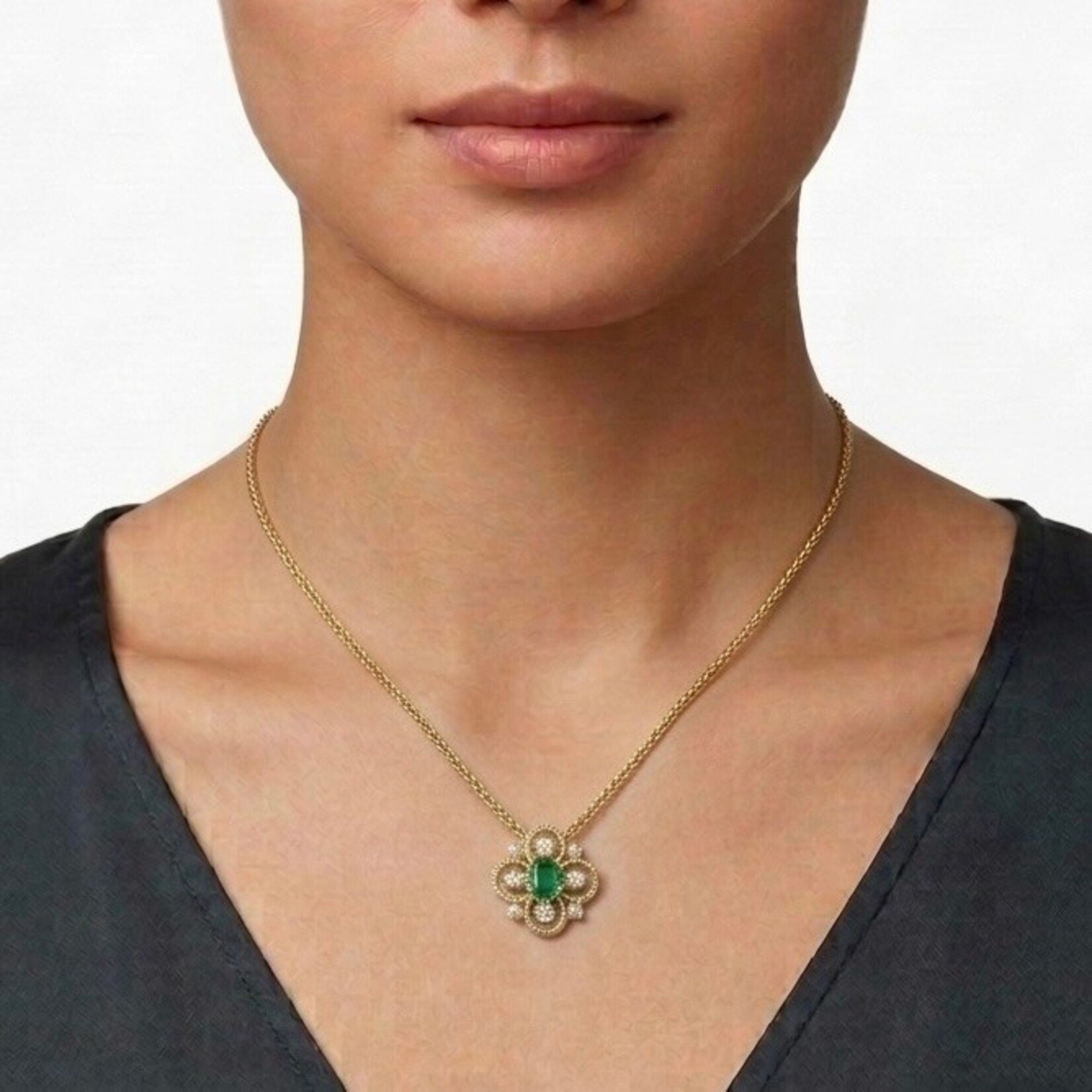 14K Yellow Gold Emerald  and Diamond Clover Cluster Pendant