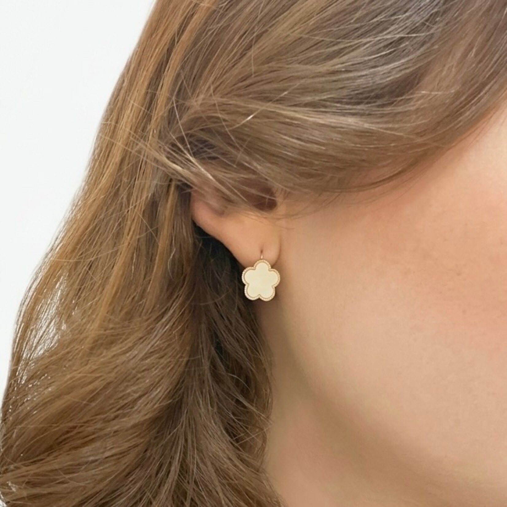 14K Yellow Gold Plated with Mother-Of-Pearl and Diamonds Clover Earrings
