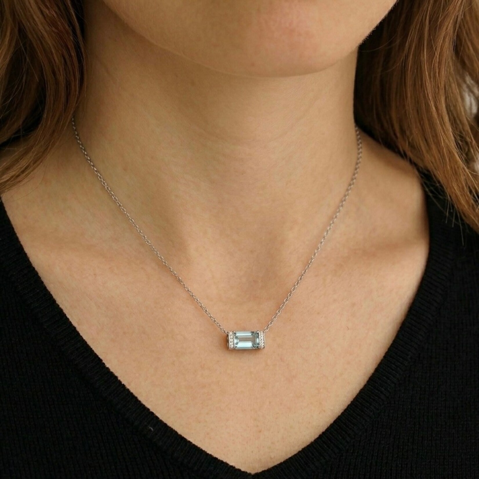 Silver Diamond and Rectangular Blue Topaz Necklace