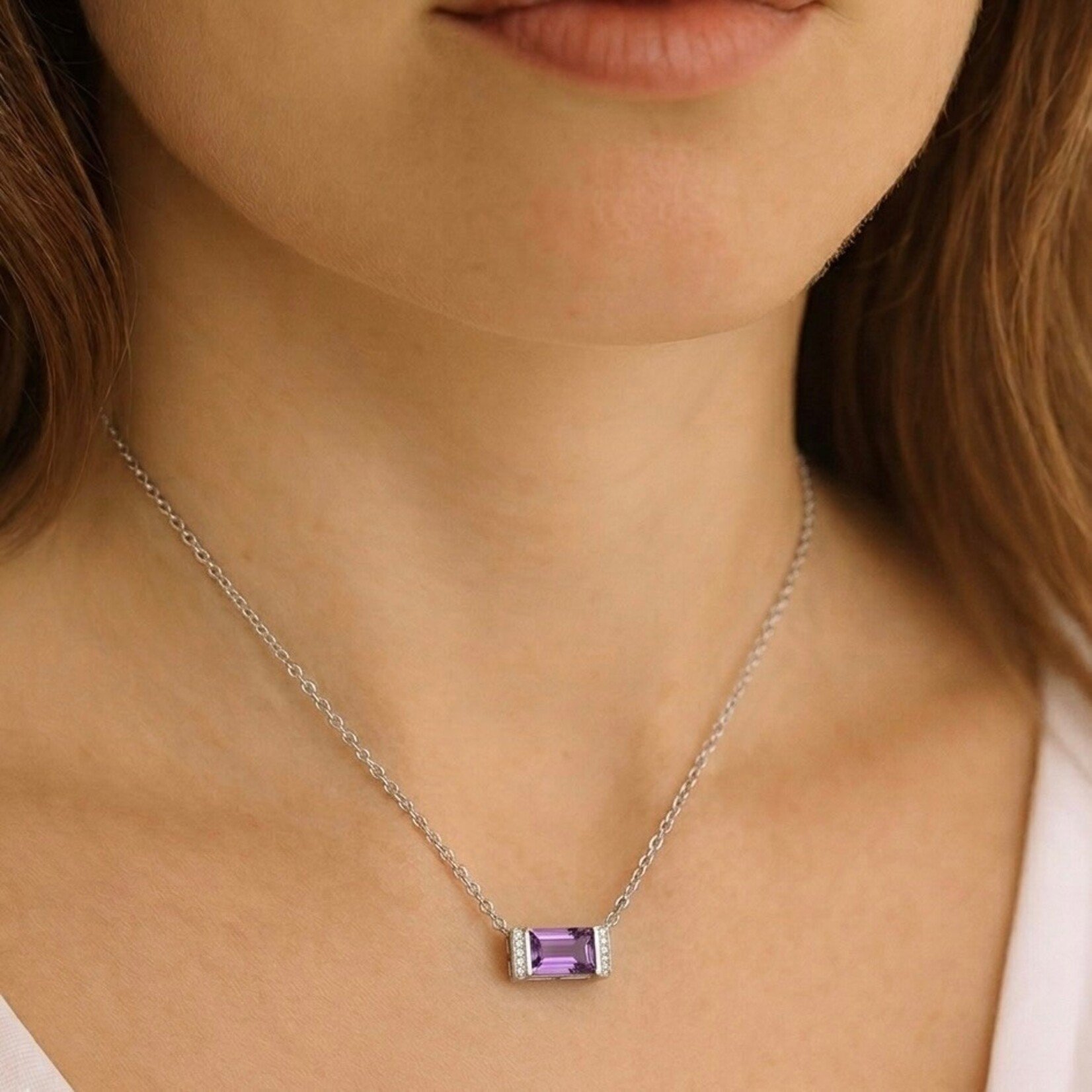 Sterling Silver Diamond and Rectangular Amethyst Necklace