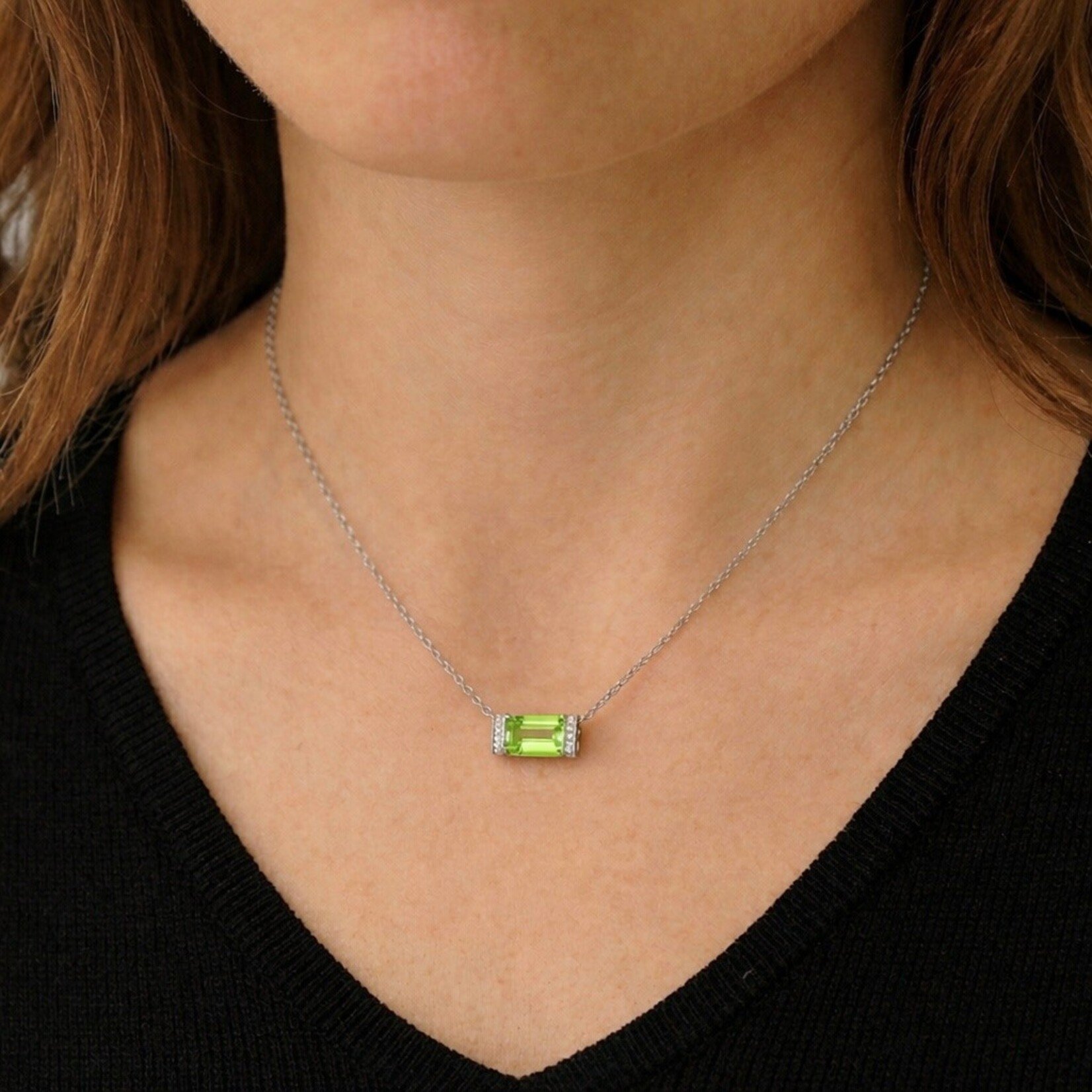 Sterling Silver Diamond and Rectangular Peridot Necklace