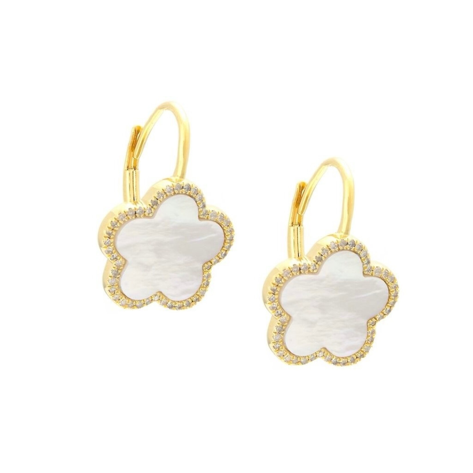18K Yellow Gold Overlay Mother-Of-Pearl and Diamond Clover Earrings