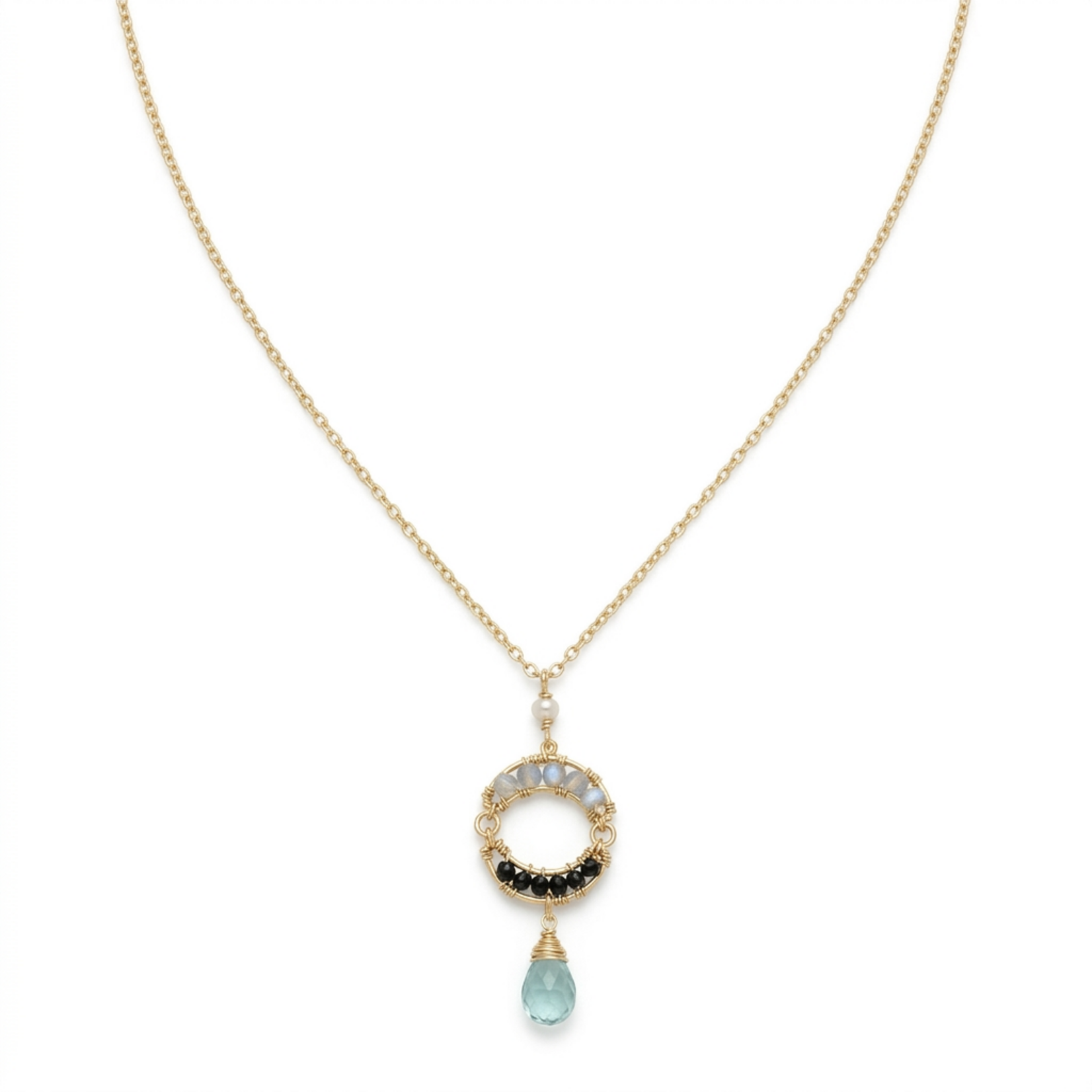 Michelle Pressler 14K Yellow Gold Filled  Sapphire, Topaz and Zircon Beads Circle Pendant