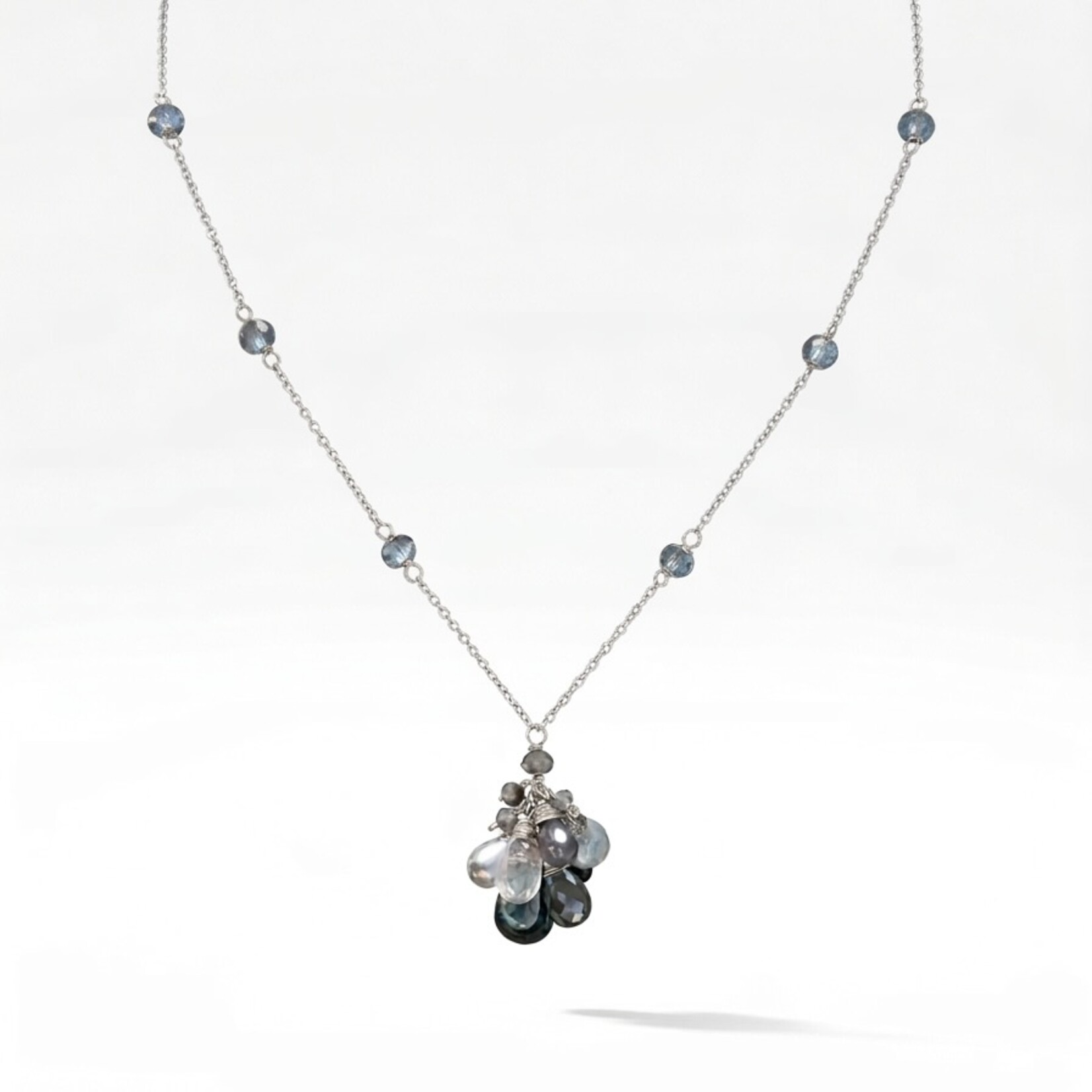 Sterling Silver London Topaz, Natural Blue Zircon, White Labradorite, Labradorite and Blue Silverite Necklace