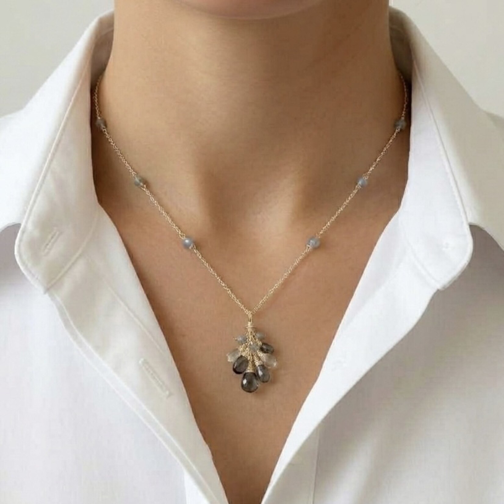 Sterling Silver London Topaz, Natural Blue Zircon, White Labradorite, Labradorite and Blue Silverite Necklace