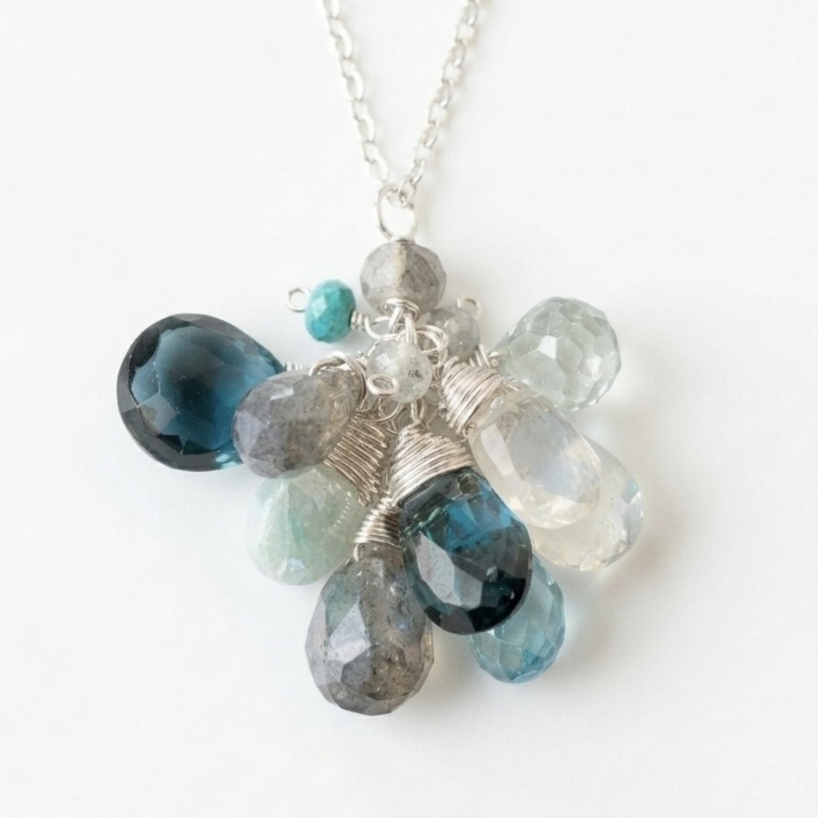 Sterling Silver London Topaz, Natural Blue Zircon, White Labradorite, Labradorite and Blue Silverite Necklace