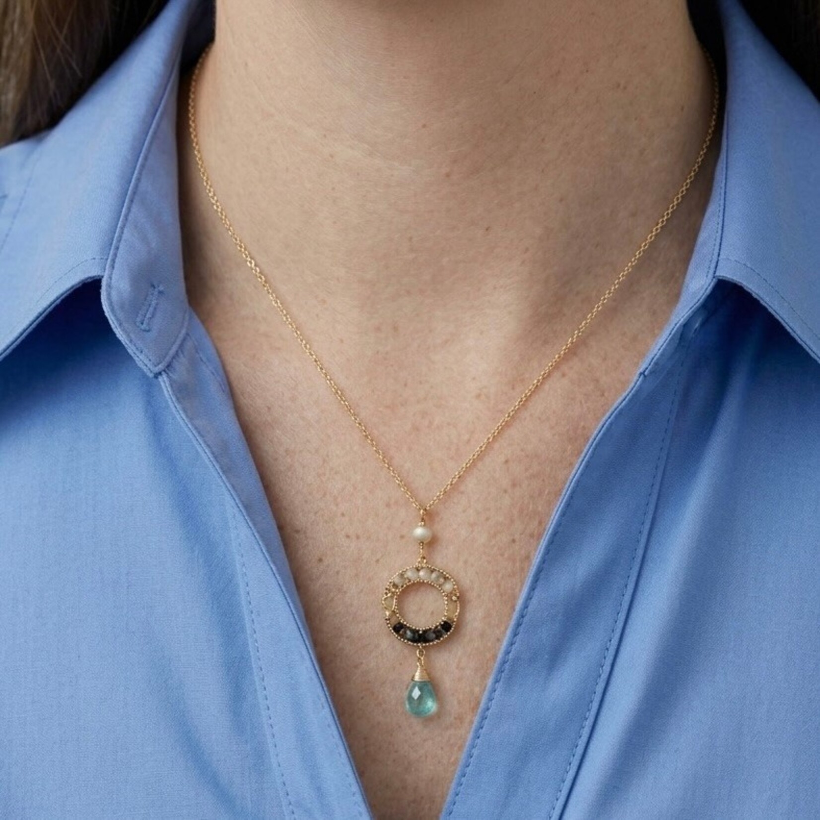 Michelle Pressler 14K Yellow Gold Filled  Sapphire, Topaz and Zircon Beads Circle Pendant