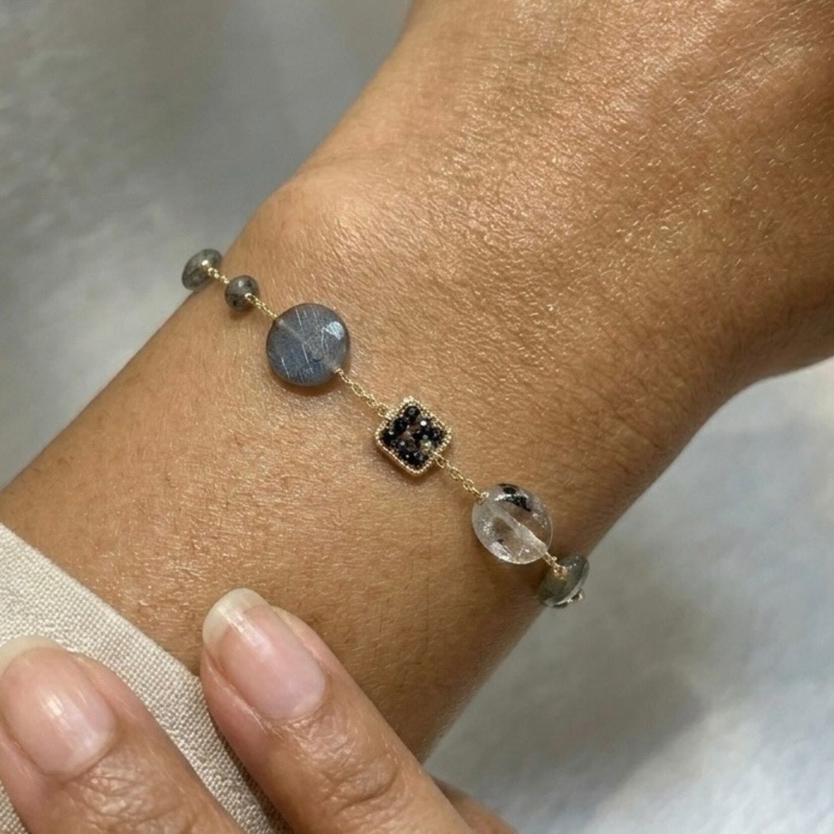 Michelle Pressler 14K Yellow Gold Filled Aquamarine, Tourmaline Quartz and Grey Zircon Bracelet