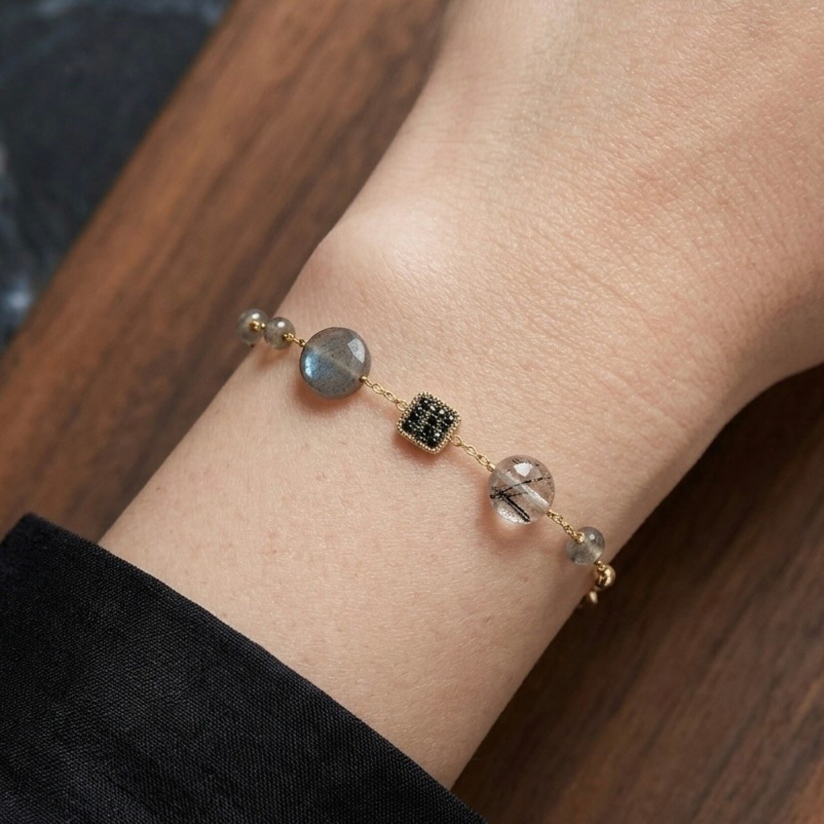 Michelle Pressler 14K Yellow Gold Filled Aquamarine, Tourmaline Quartz and Grey Zircon Bracelet