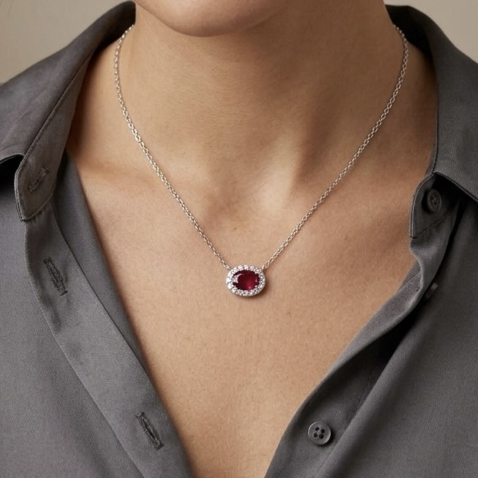 14K White Gold Ruby & Diamond Oval Halo Pendant