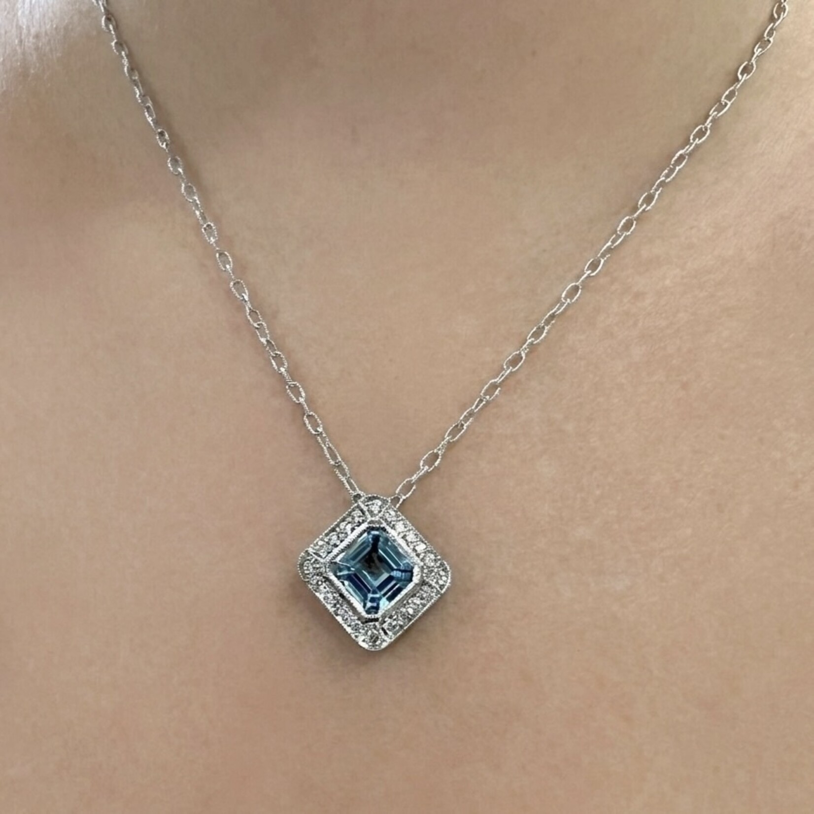 14K White Gold Aquamarine & Diamond Pendant