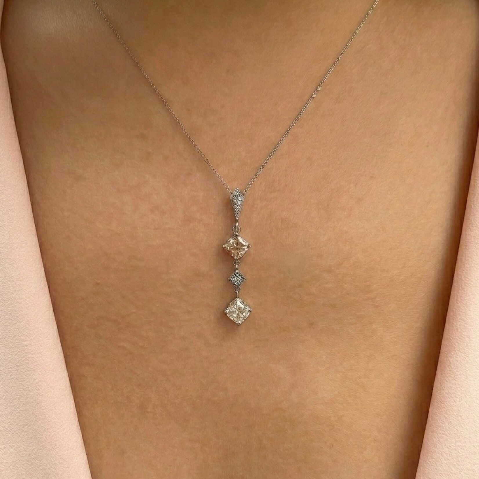 14K White Gold  Lab Cushion Diamond & Pink Diamond Pendant